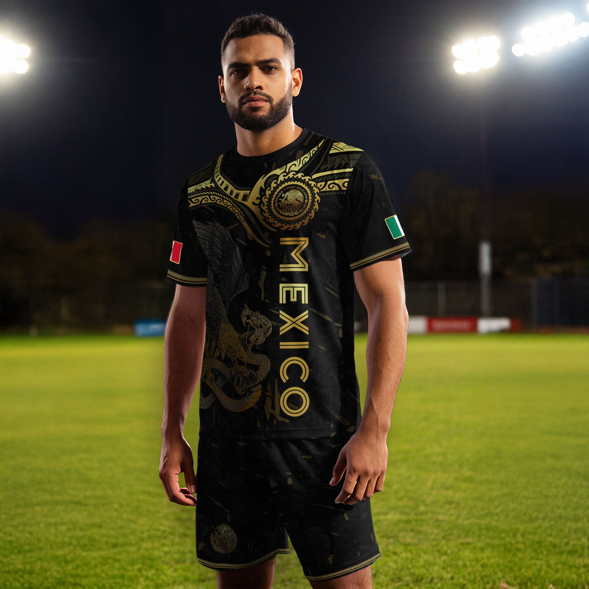 Mexico Soccer Jersey Black Gold Eagle Serpent Aztec Design