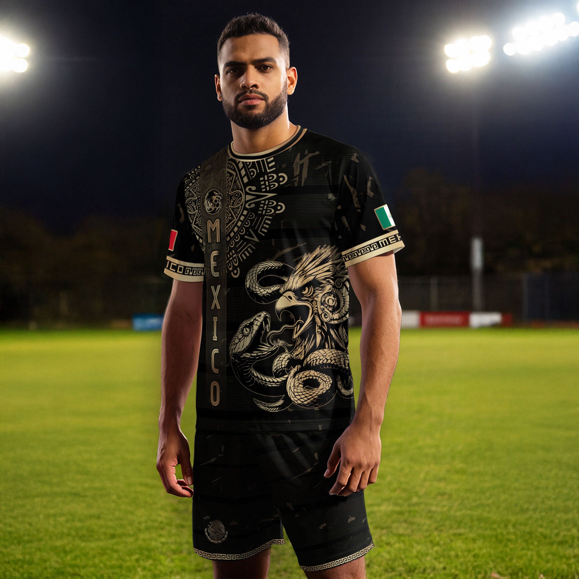 Mexico Soccer Jersey Black Gold Eagle Serpent Aztec Pattern