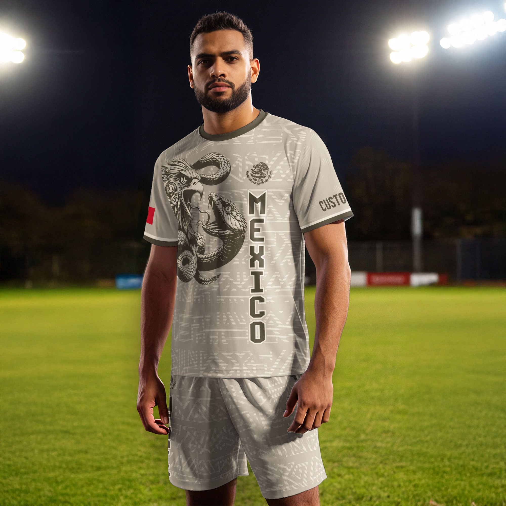 Custom Mexico Soccer Jersey Beige Aztec Eagle Design