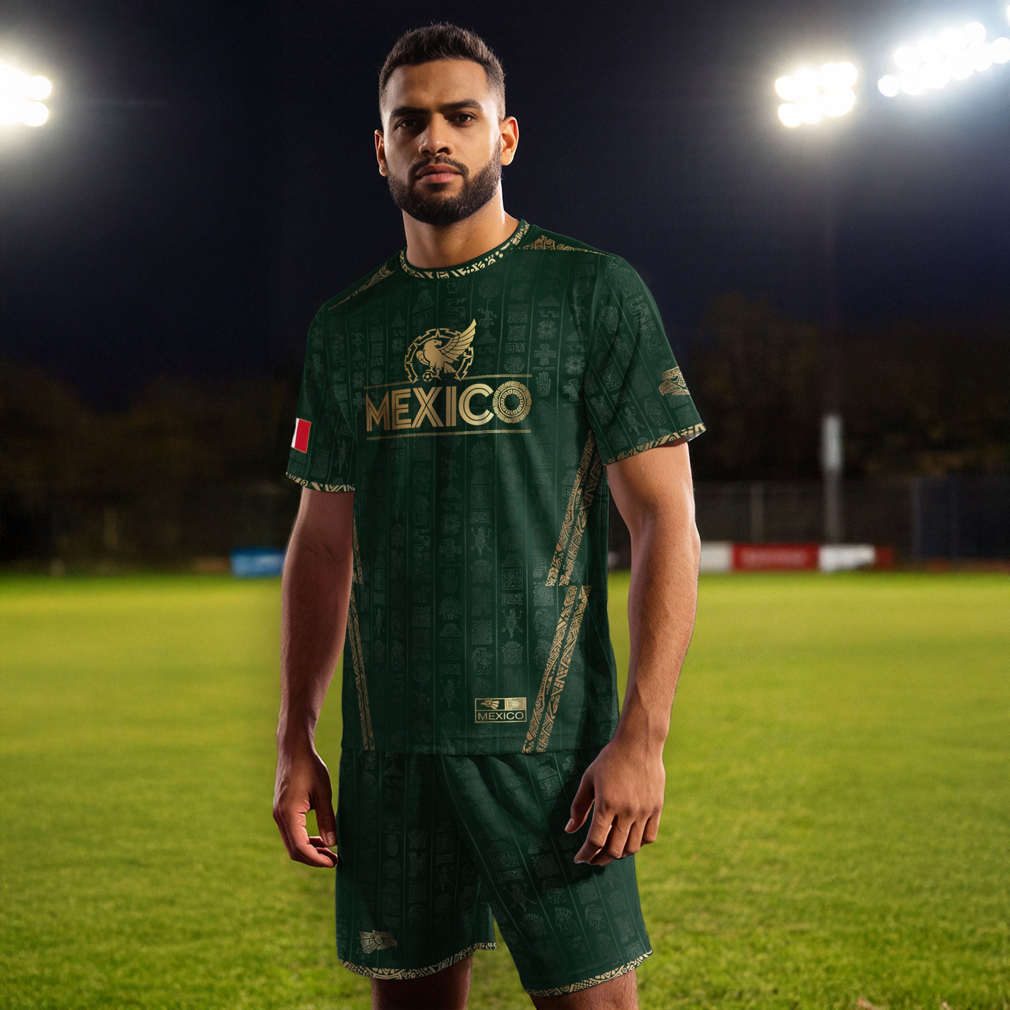 Mexico Green Aztec Pattern Eagle Emblem Heritage Soccer Jersey