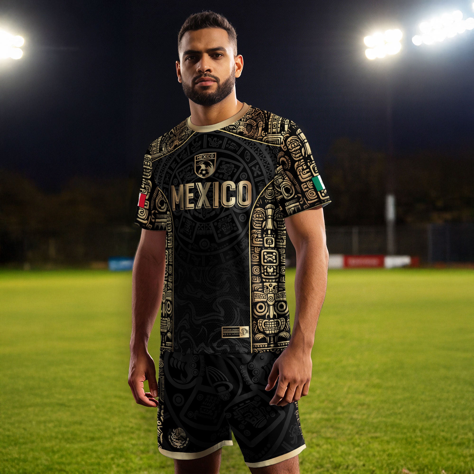 Mexico Aztec Black Gold Limited Edition Eagle Pattern Soccer Jersey