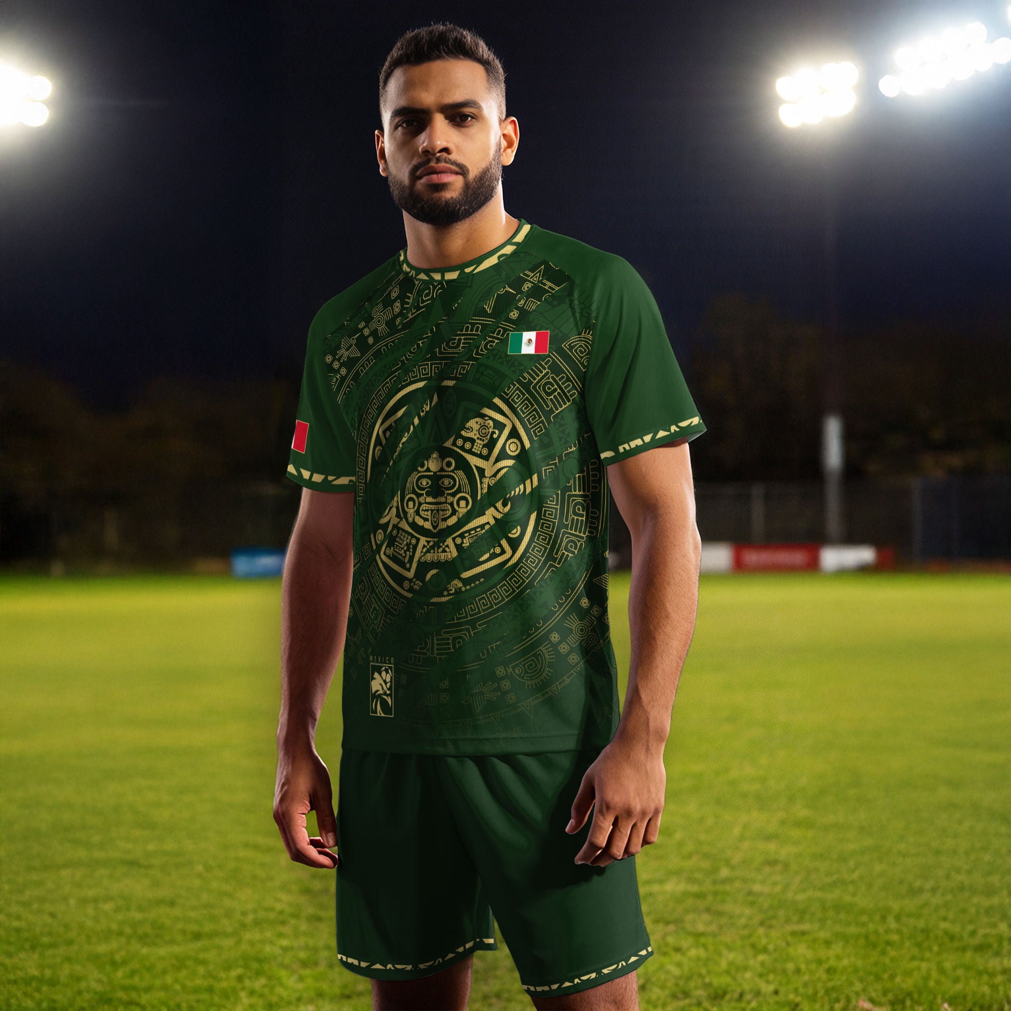 Mexico Green Gold Aztec Calendar National Pride Mens Football Soccer Jersey