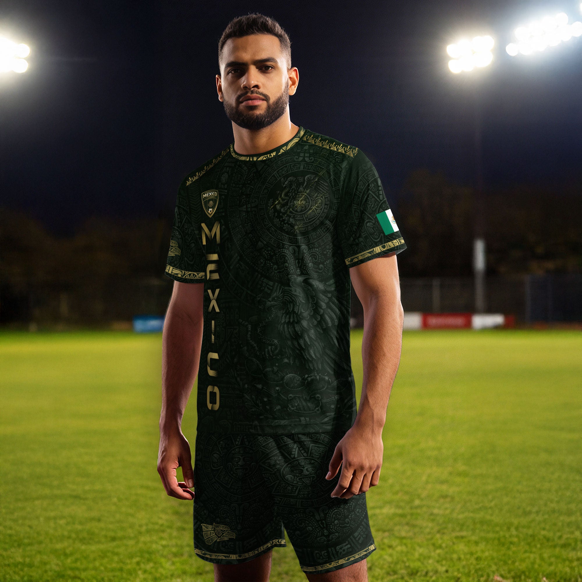Camiseta de fútbol premium con emblema de águila azteca verde y dorado de México