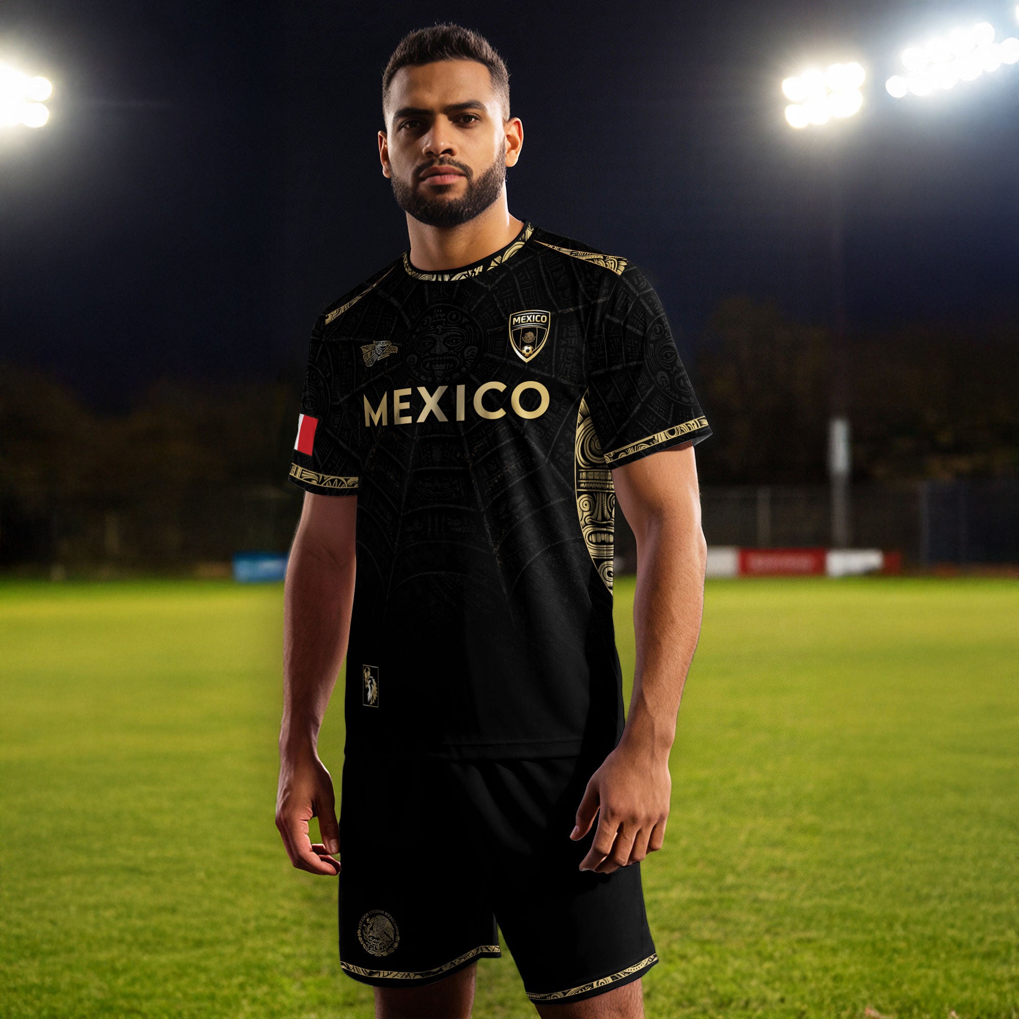 Camiseta de fútbol premium con emblema de águila azteca verde y dorado de México