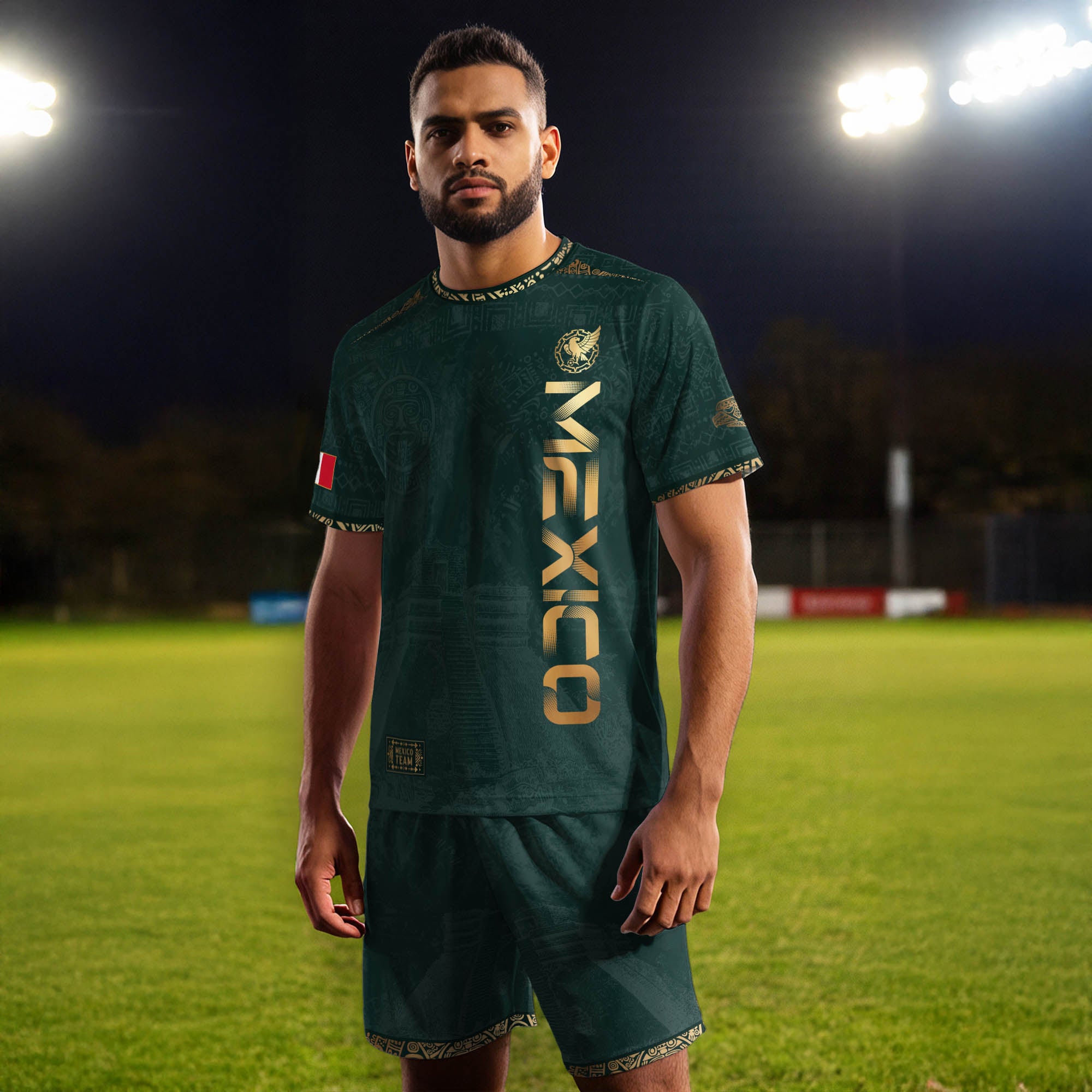 Camiseta de fútbol premium con emblema de águila azteca verde y dorado de México