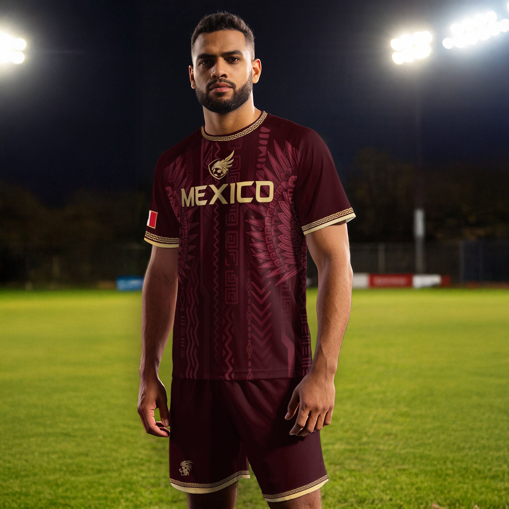 Mexico Maroon Gold Aztec Heritage National Pride Mens Football Soccer Jersey