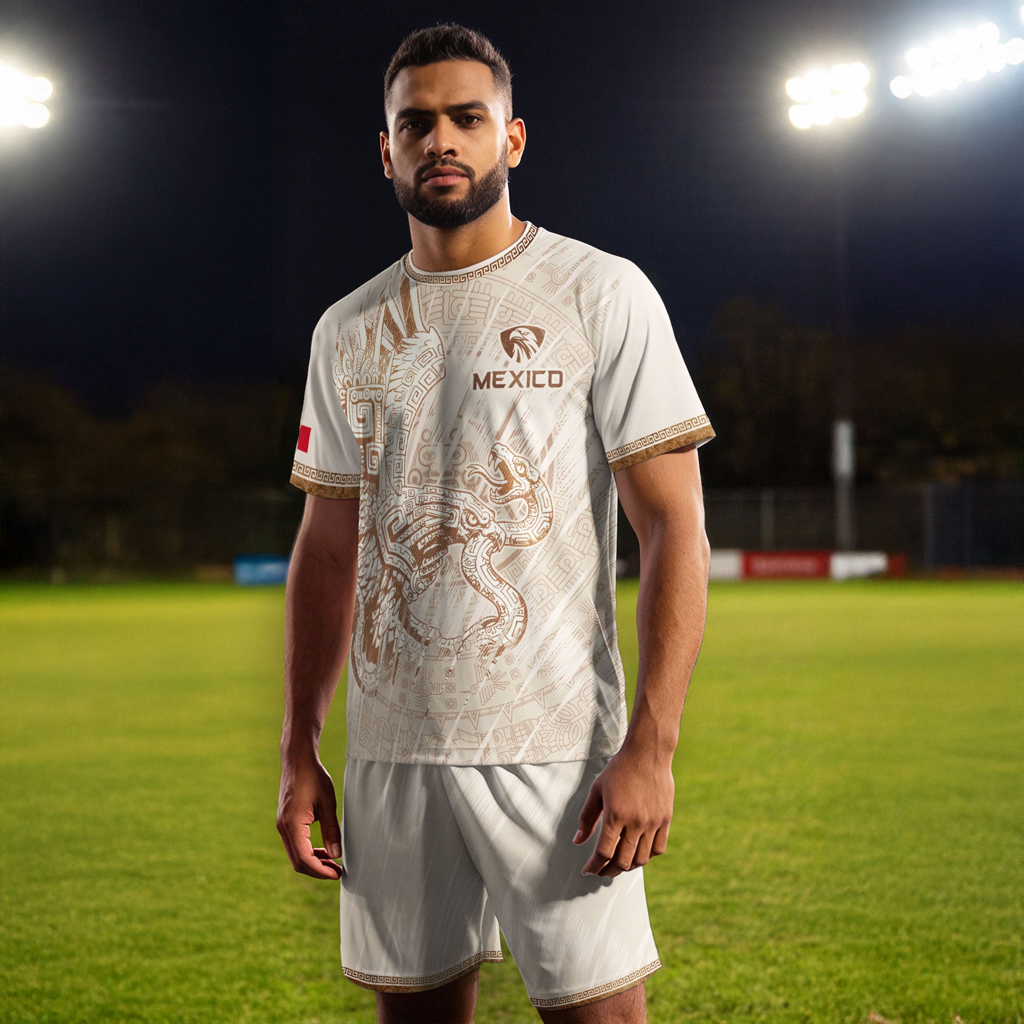 Mexico Cream Aztec Eagle Snake Ancient Art Heritage Mens Soccer Jersey