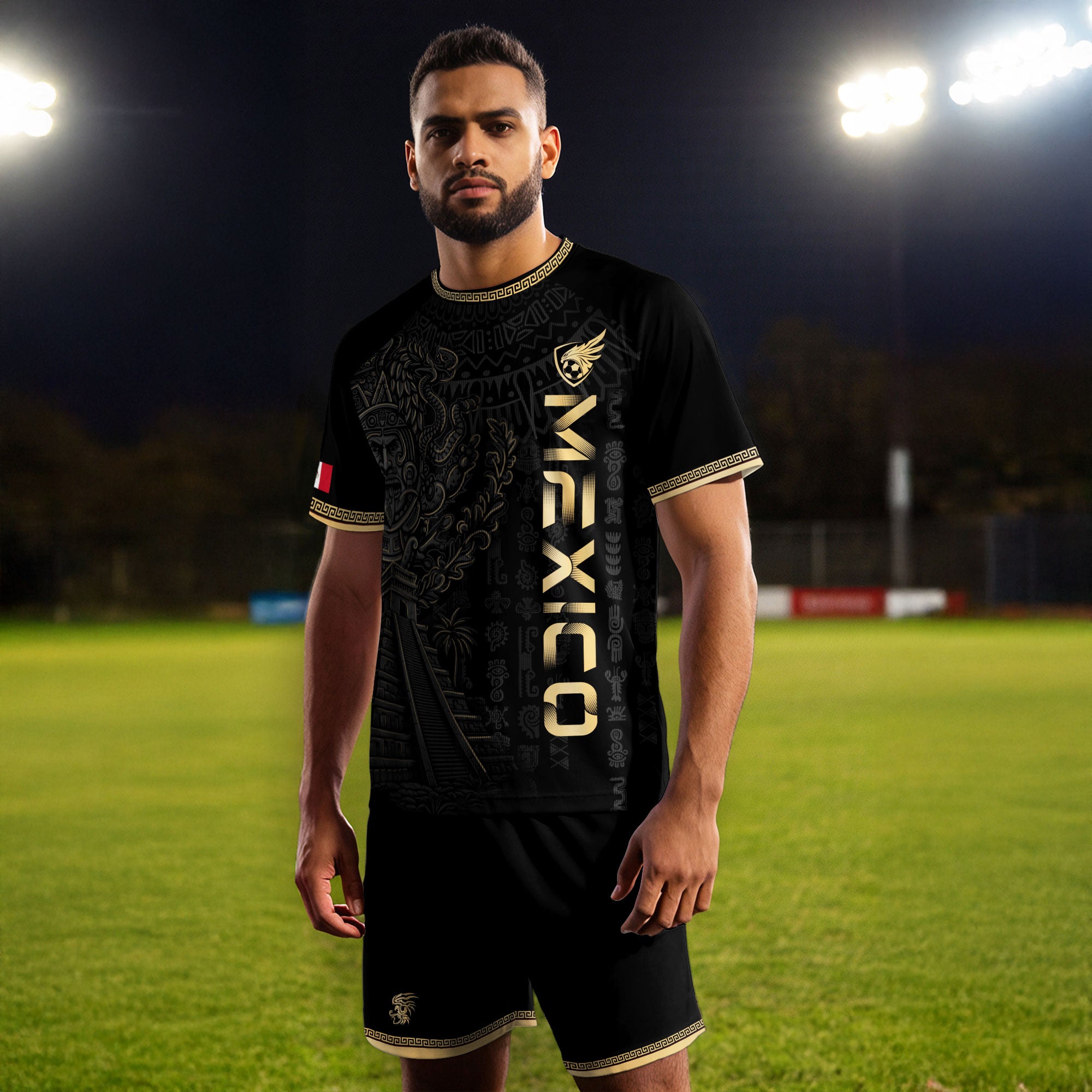 Mexico Black Gold Aztec Pyramid Heritage Mens Football Soccer Jersey