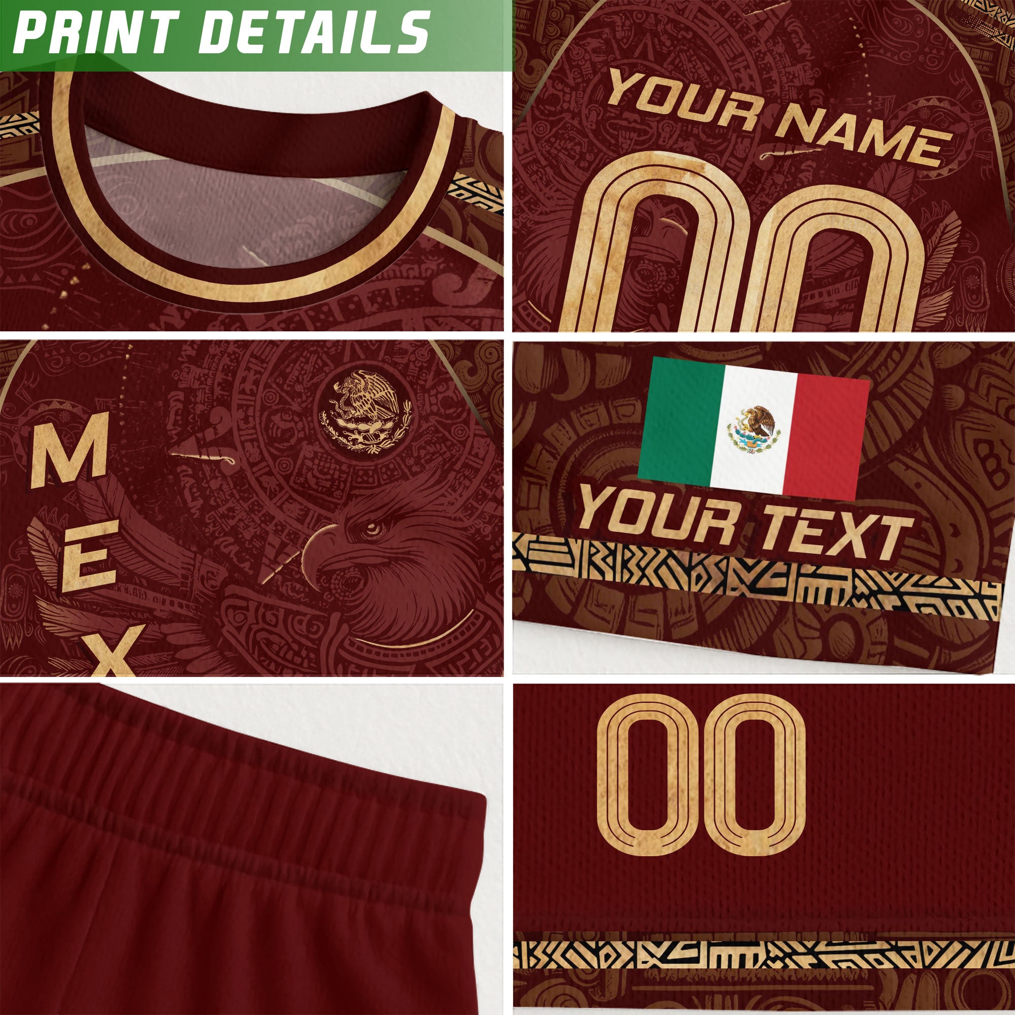 Custom Mexico Soccer Jersey Burgundy Gold Aztec Heritage Design