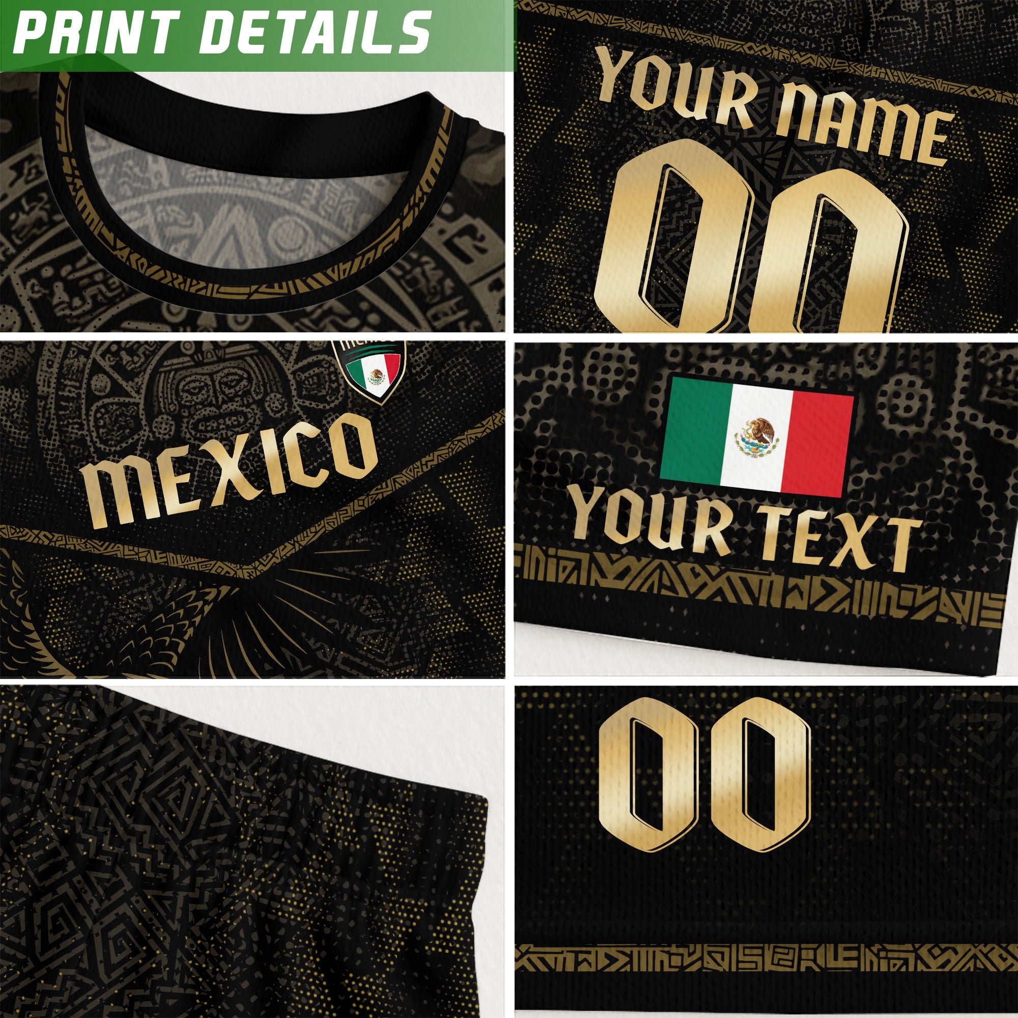 Custom Mexico Soccer Jersey Black Gold Aztec Eagle Serpent Design