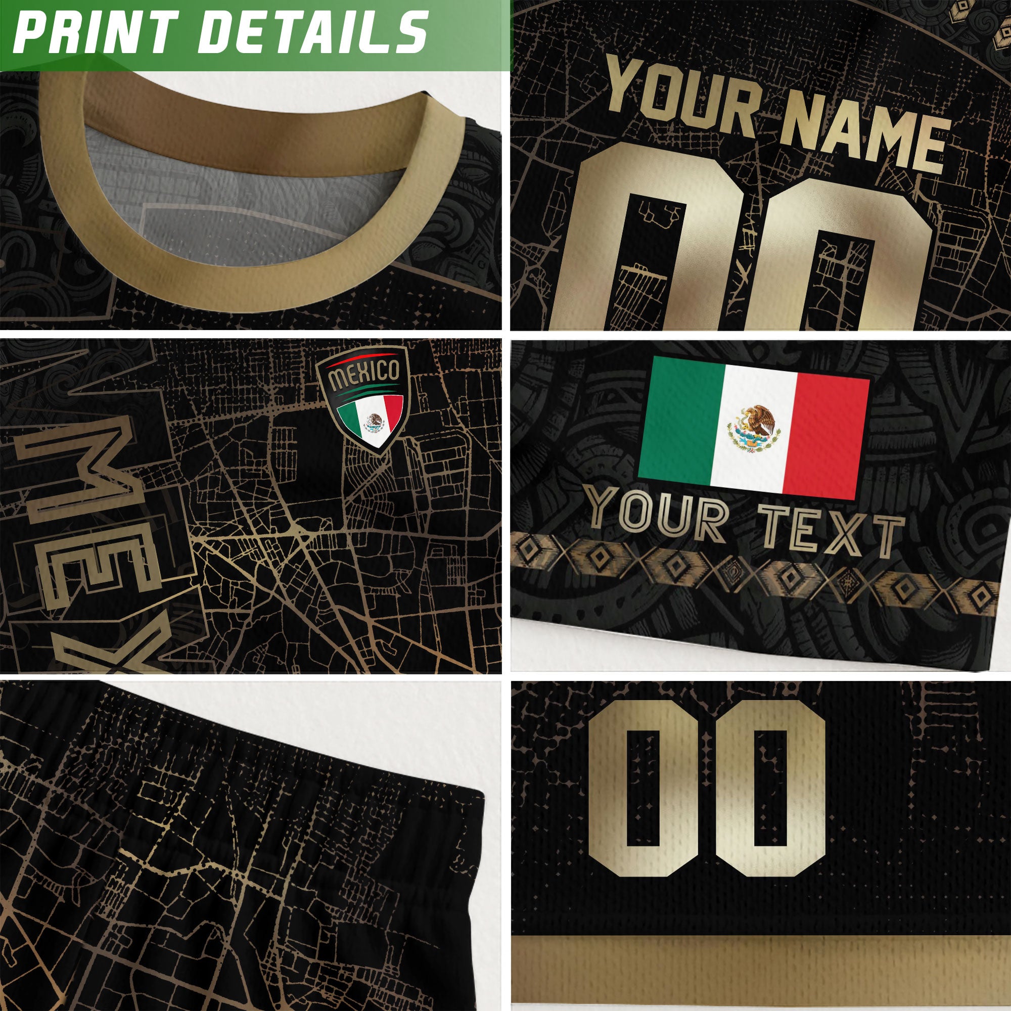 Custom Mexico Soccer Jersey Black Gold Heritage Map Aztec Design