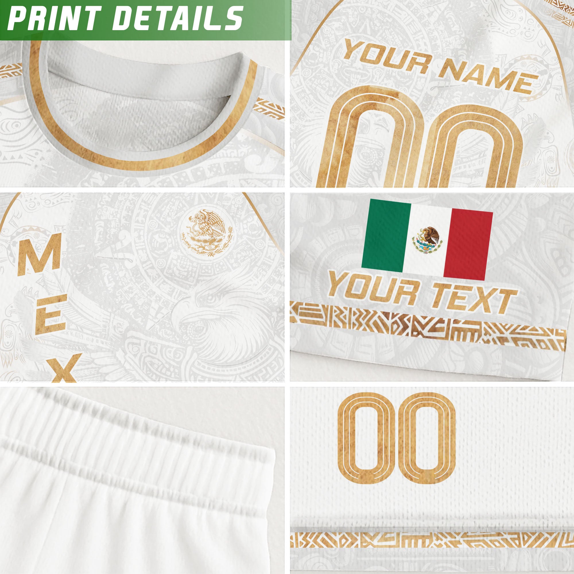 Custom Mexico Soccer Jersey White Gold Heritage Aztec Eagle Design