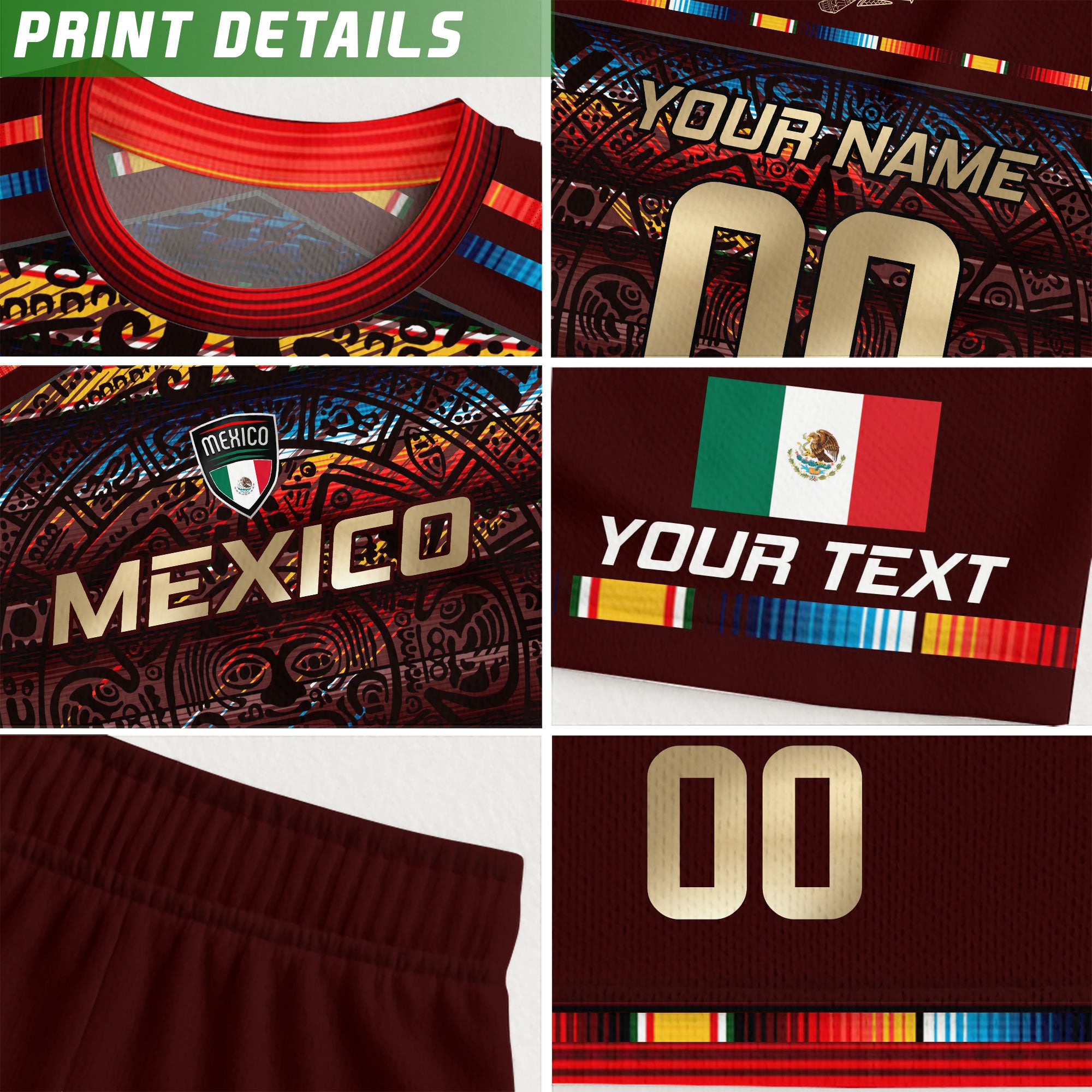 Custom Mexico Soccer Jersey Burgundy Gold Heritage Aztec Calendar Design