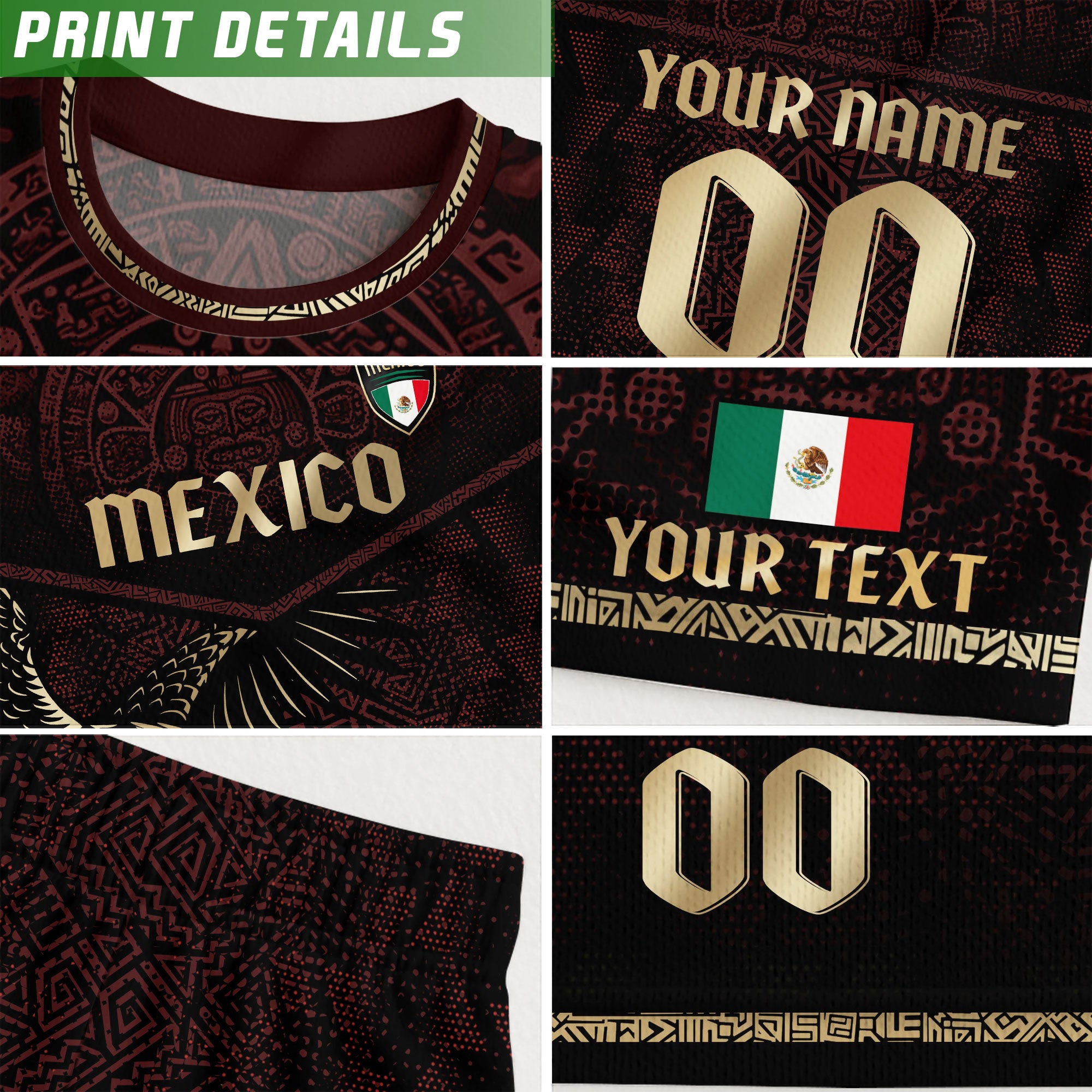 Custom Mexico Soccer Jersey Burgundy Gold Aztec Eagle Serpent Design