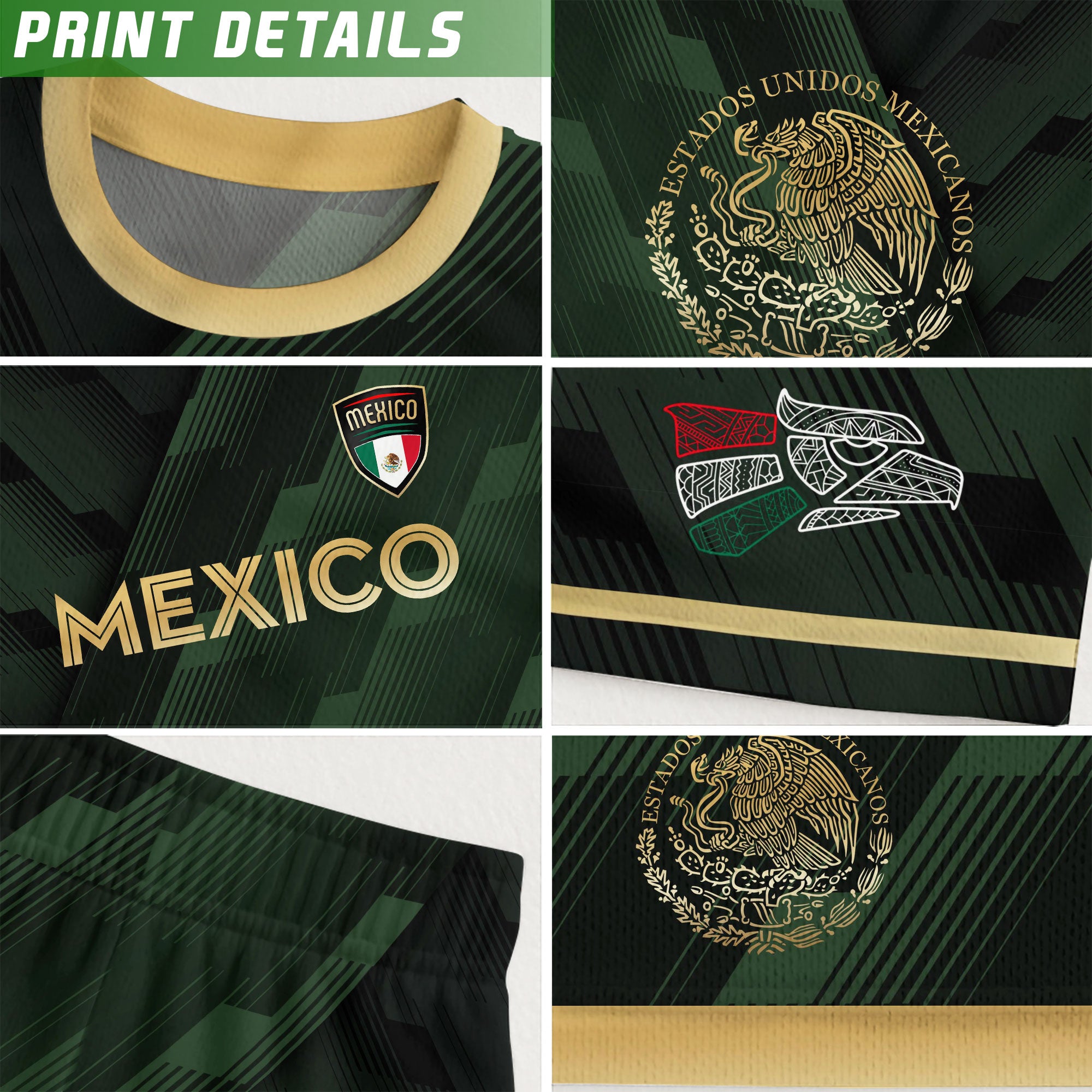 Mexico Green Soccer Jersey with Golden Aztec Sunstone Design