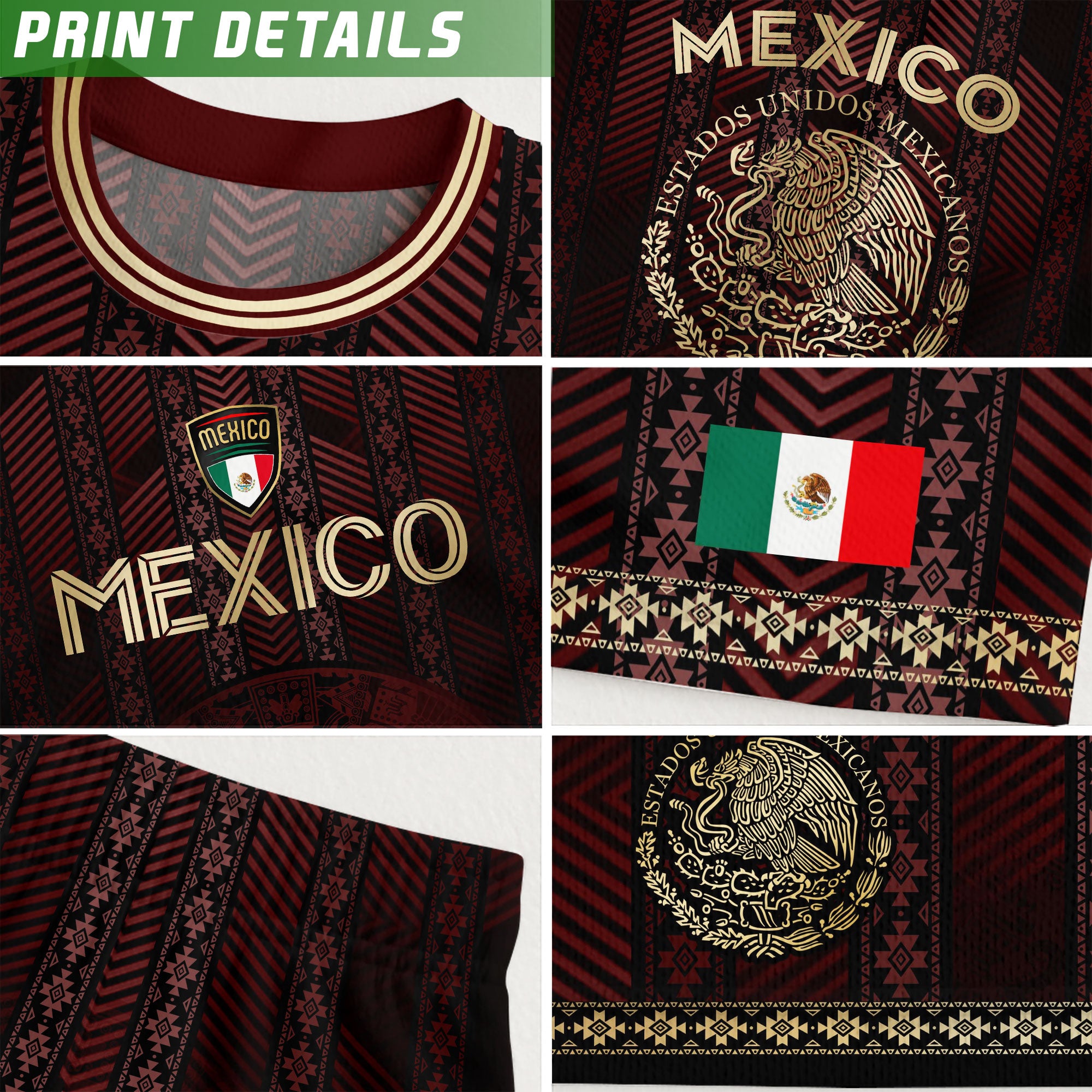Mexico Burgundy Soccer Jersey with Golden Aztec Calendar and Eagle Crest