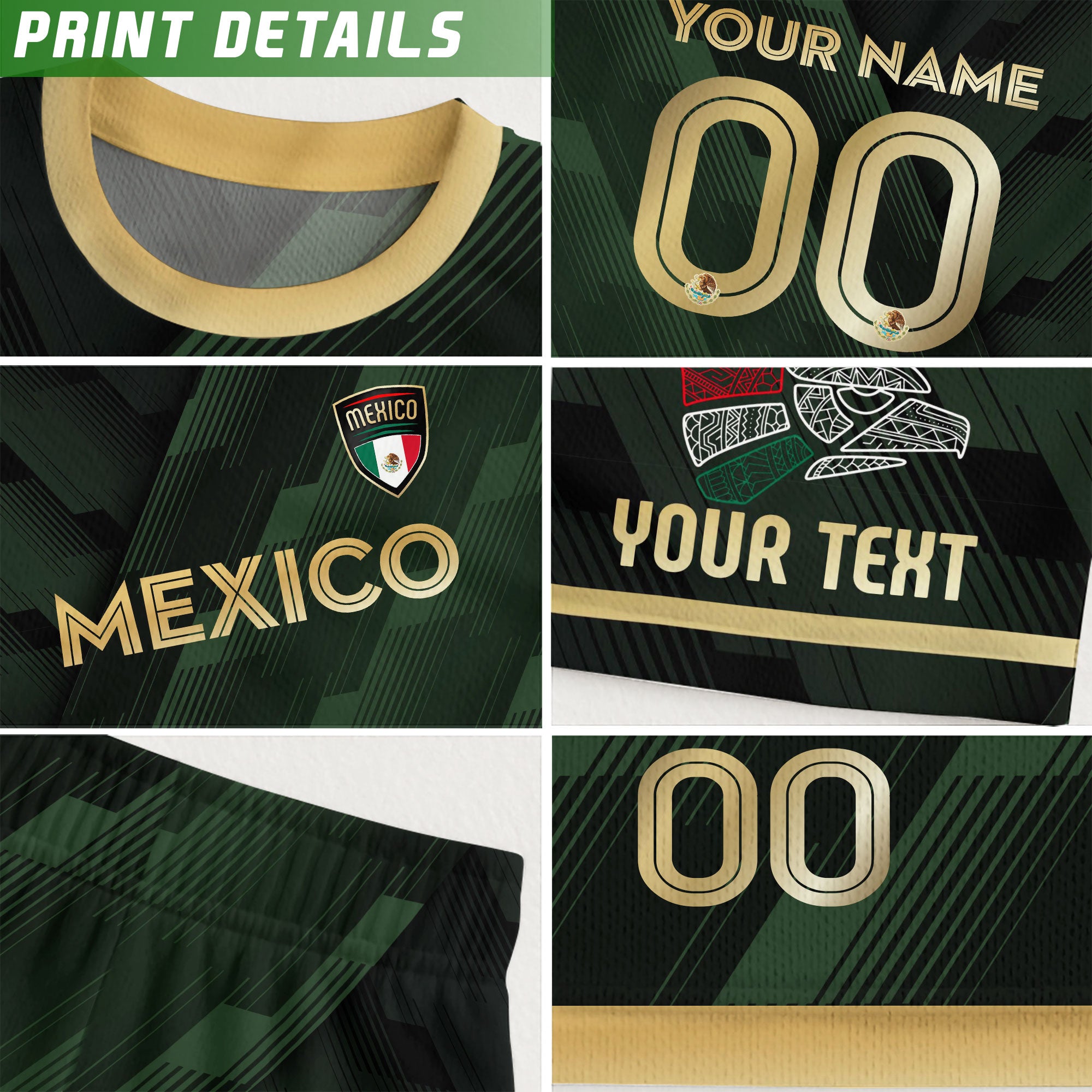 Custom Mexico Green Soccer Jersey with Golden Aztec Calendar Design