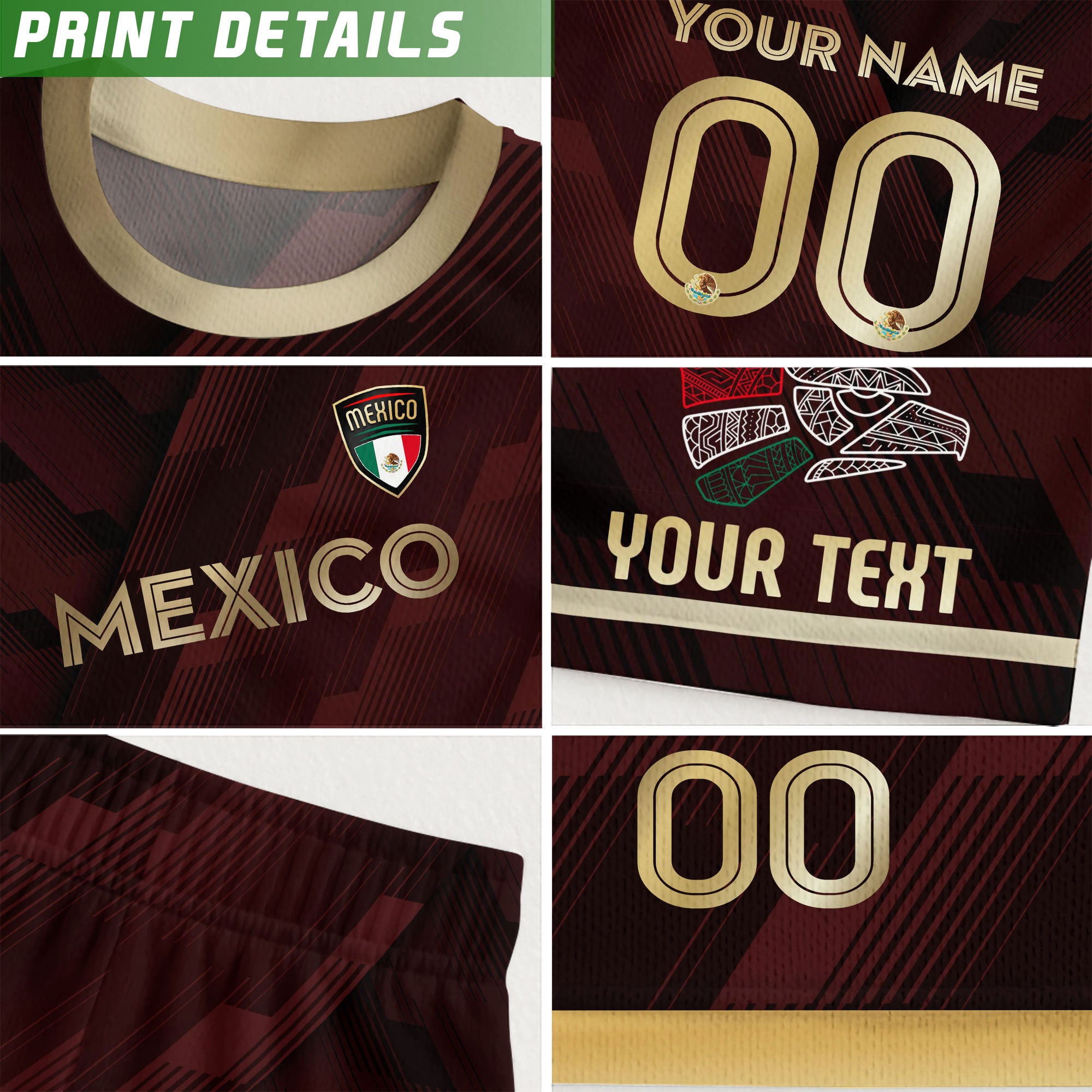 Custom Mexico Maroon Soccer Jersey with Golden Aztec Calendar Pattern