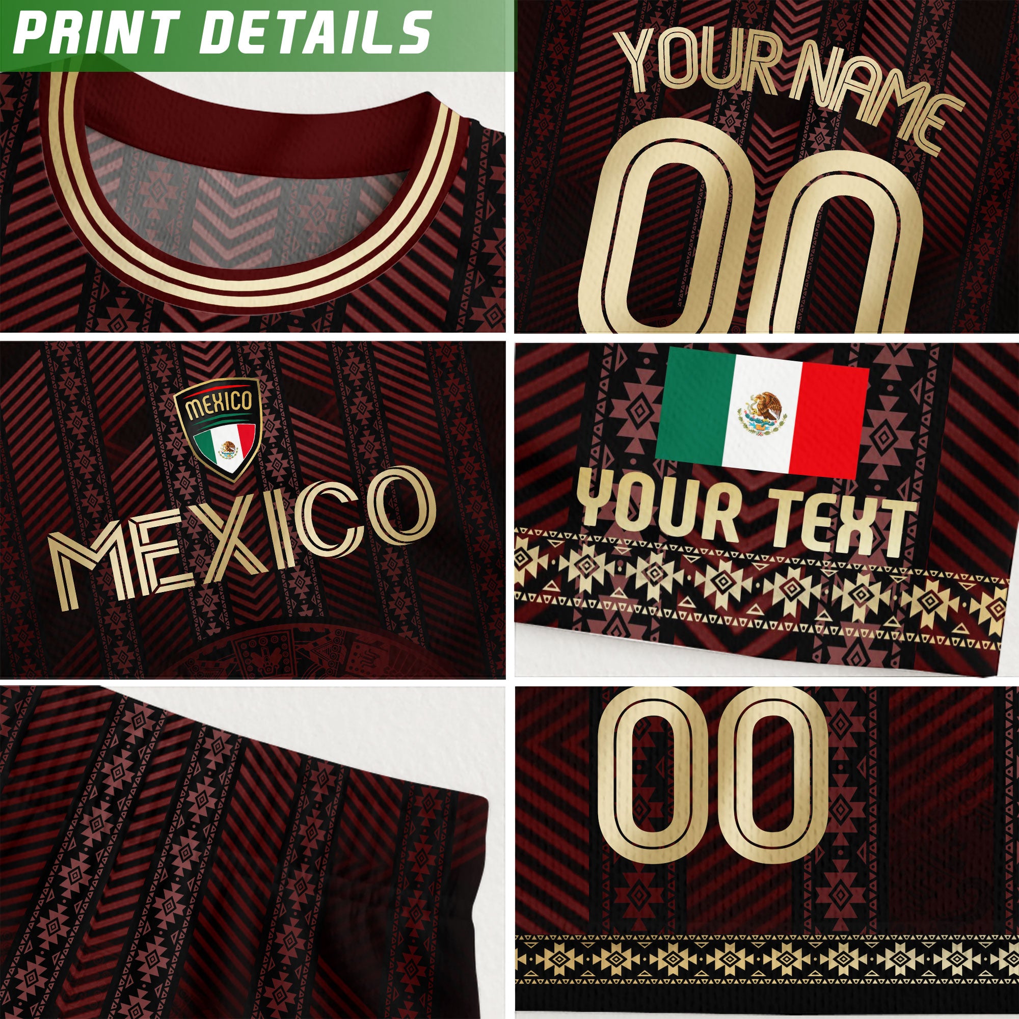 Custom Mexico Burgundy Soccer Jersey with Golden Aztec Calendar Design