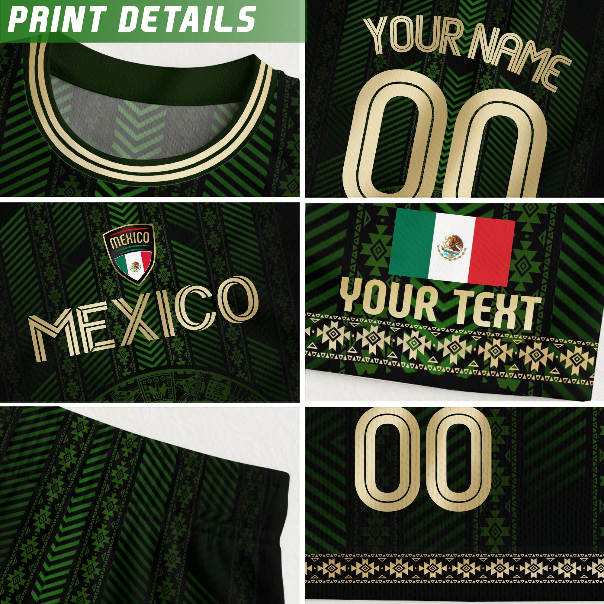 Custom Mexico Green Soccer Jersey with Golden Aztec Calendar Pattern