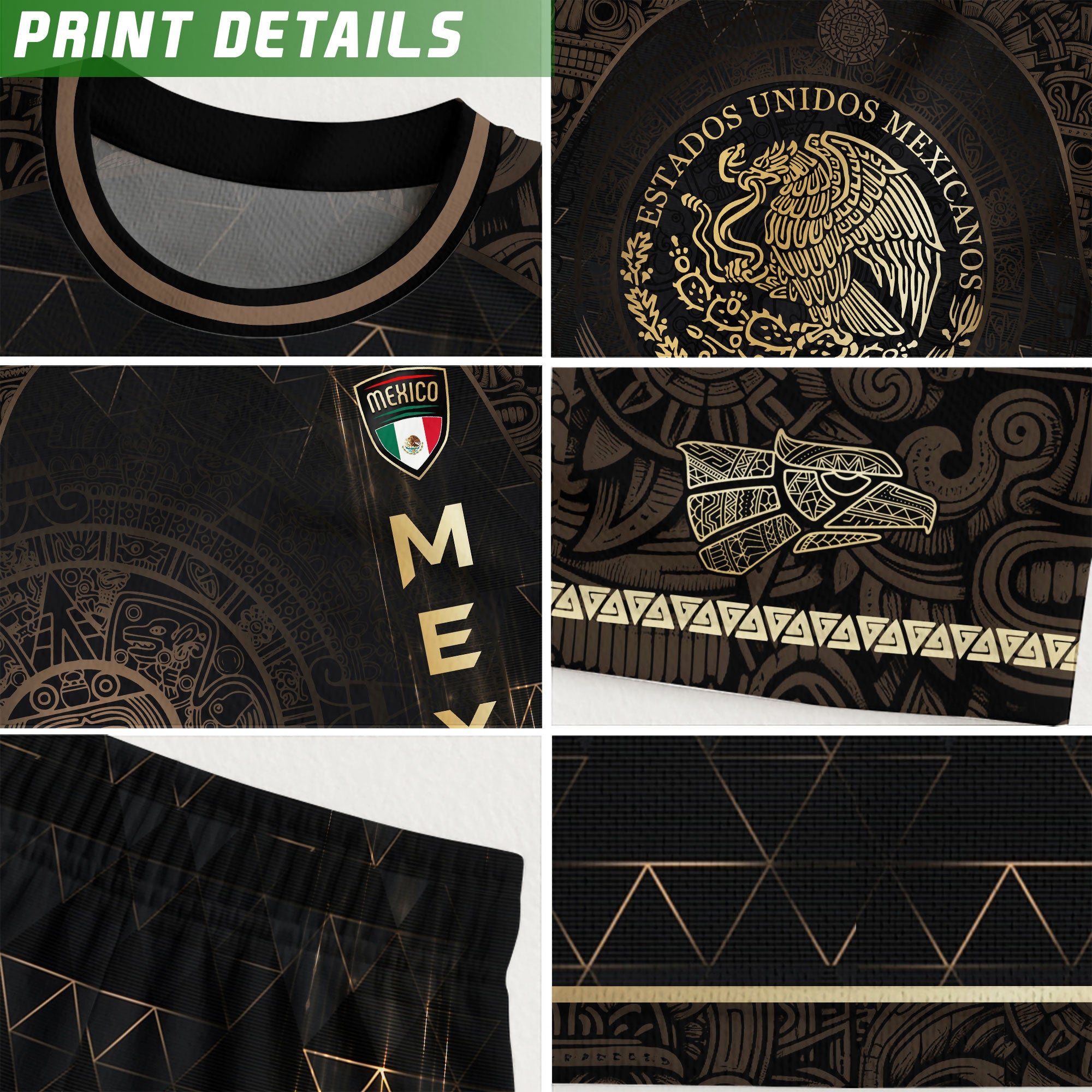 Mexico Soccer Jersey Black Gold Aztec Calendar & Eagle Emblem