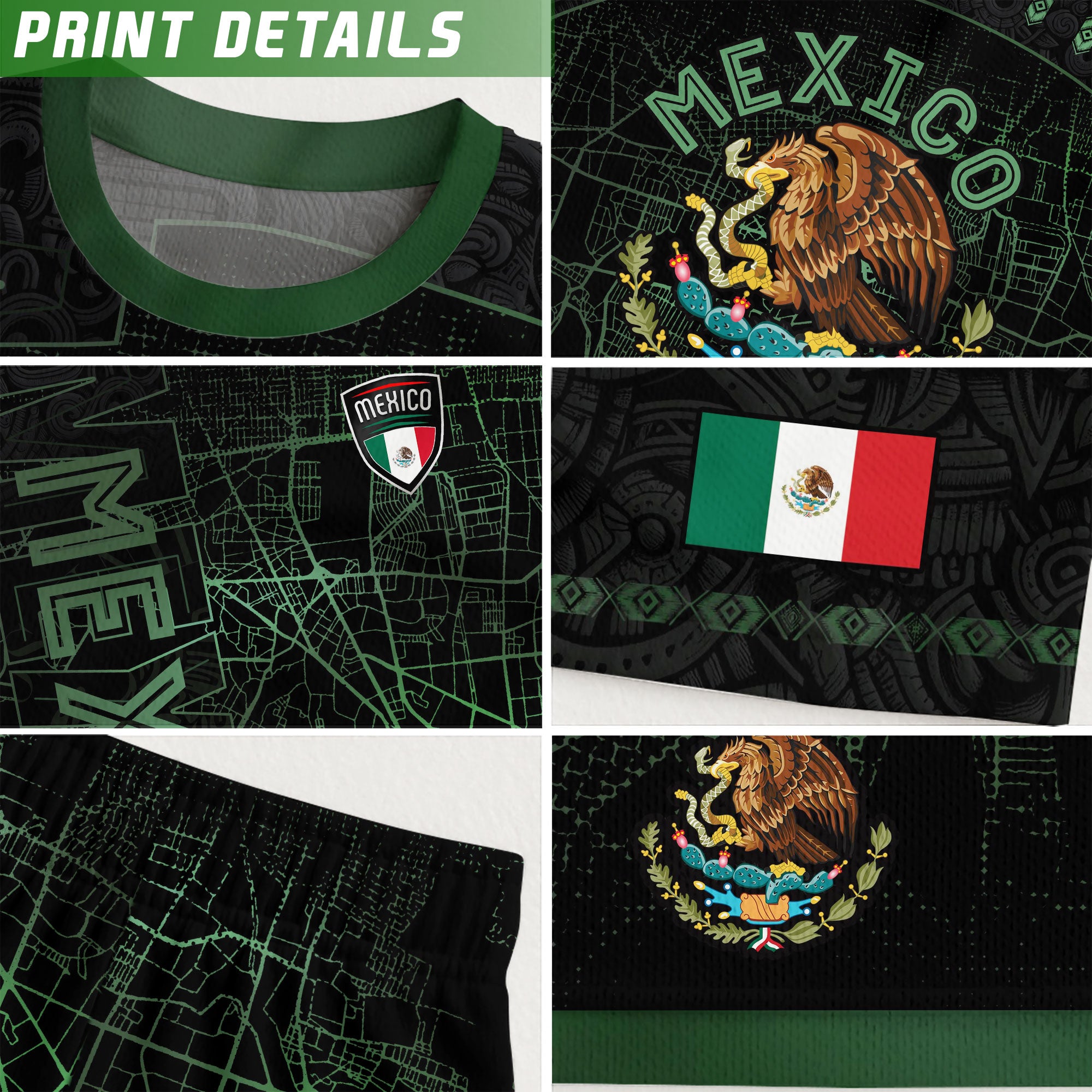 Mexico Soccer Jersey Black Green Map & Eagle Crest Design