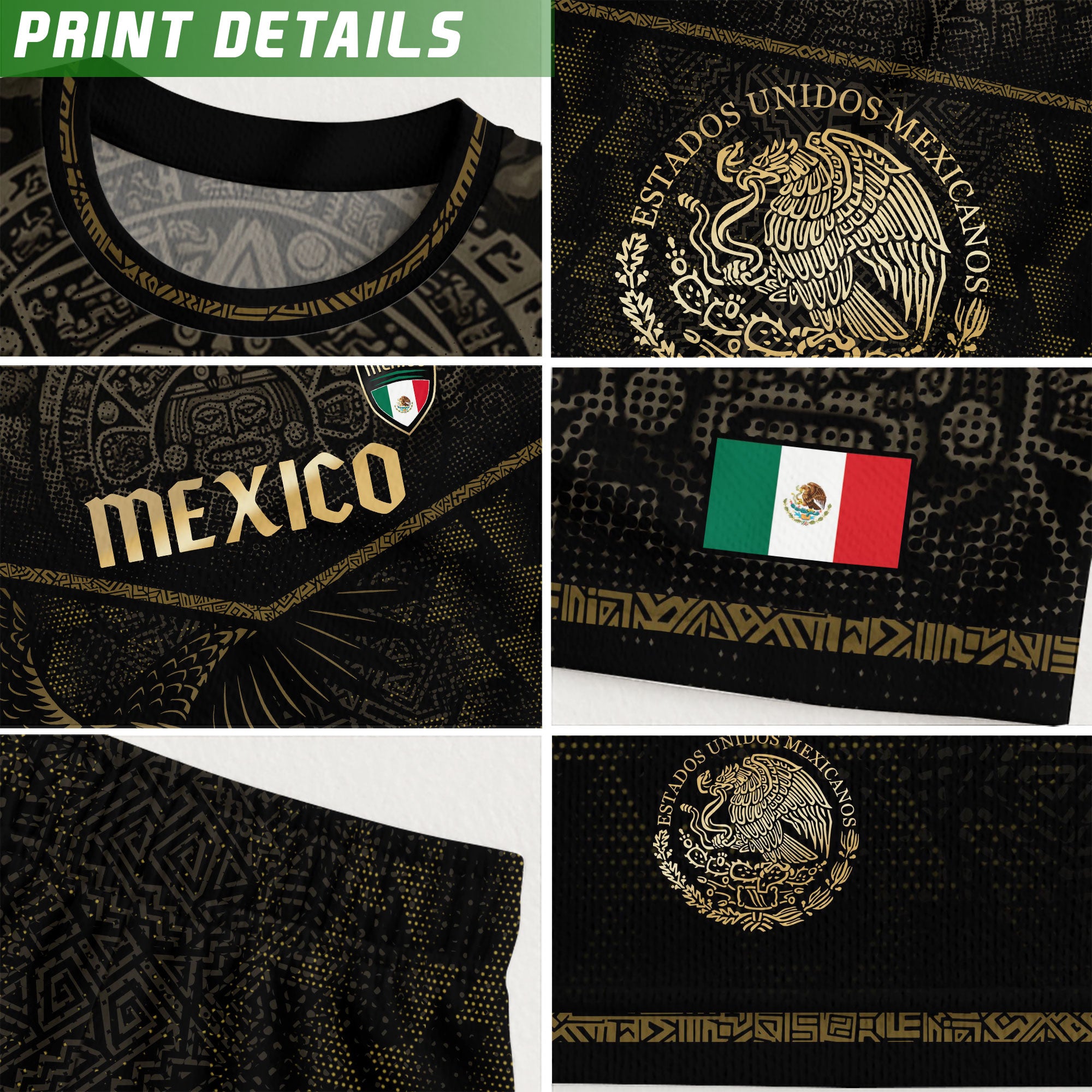 Camiseta de fútbol de México con diseño azteca, águila y serpiente, color negro y dorado.