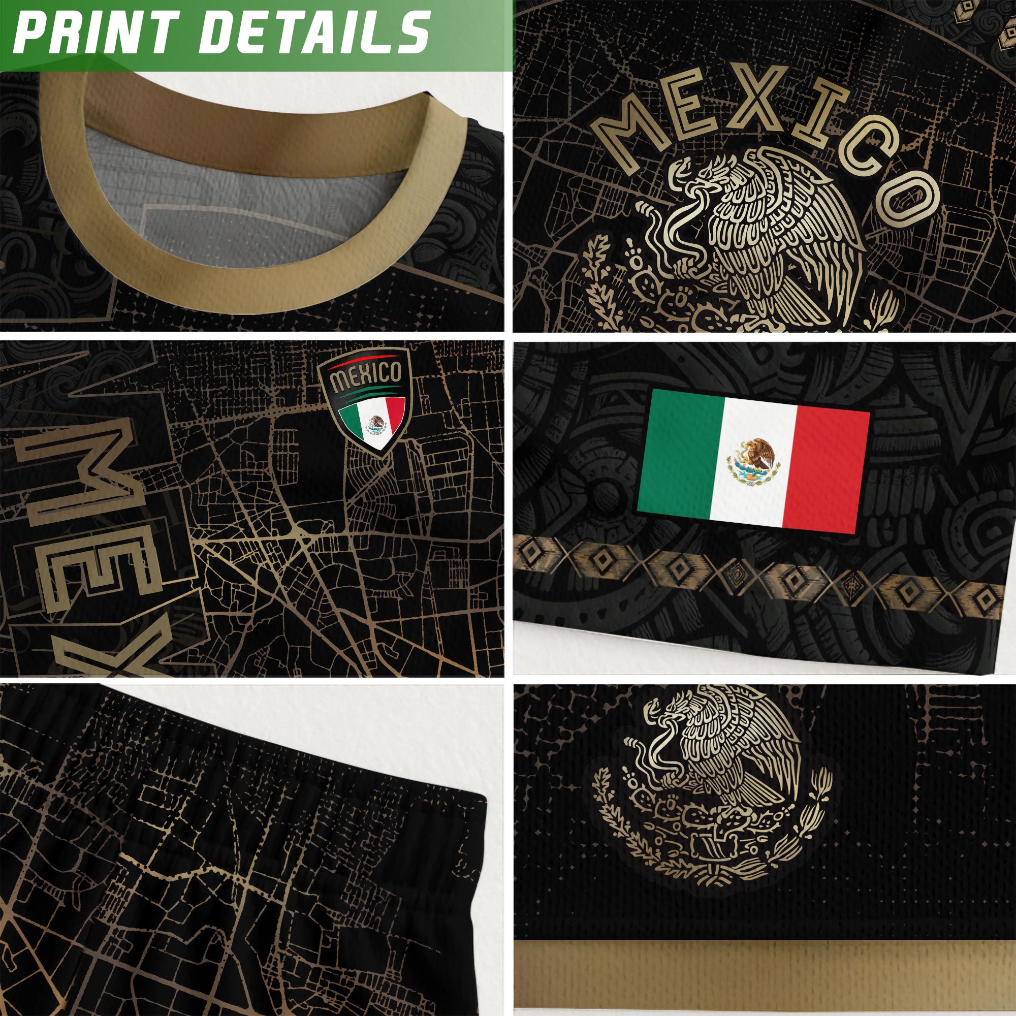 Mexico Soccer Jersey Black Gold City Map & Eagle Emblem