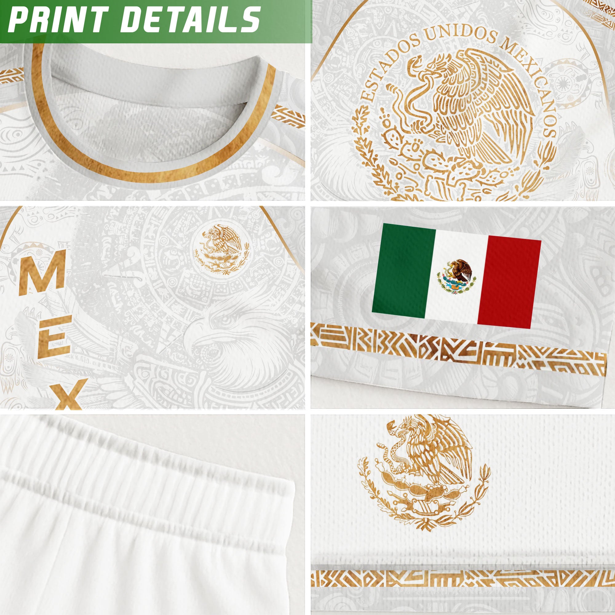 Mexico Soccer Jersey White Gold Aztec Eagle Design