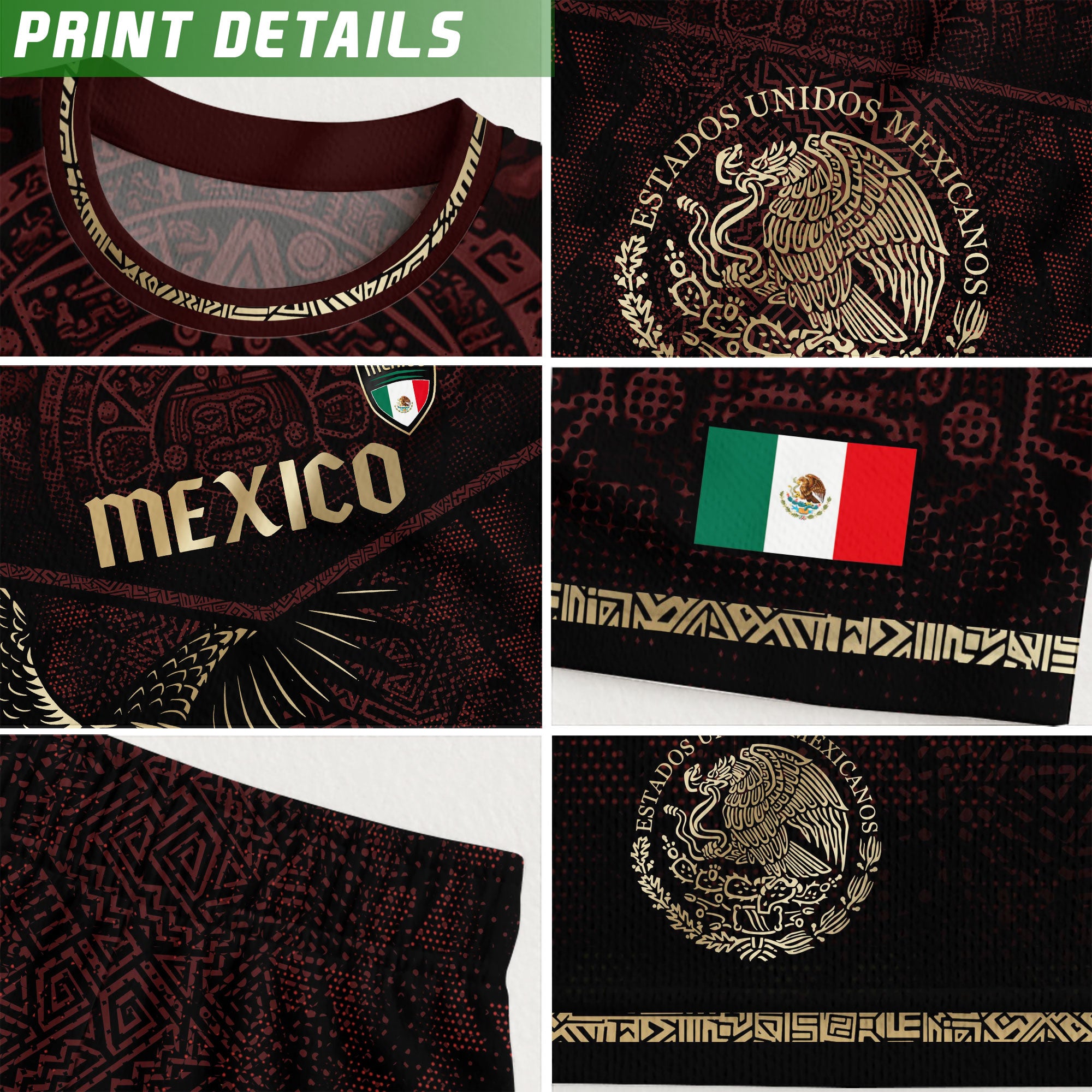 Mexico Soccer Jersey Maroon Gold Aztec Eagle & Serpent Design