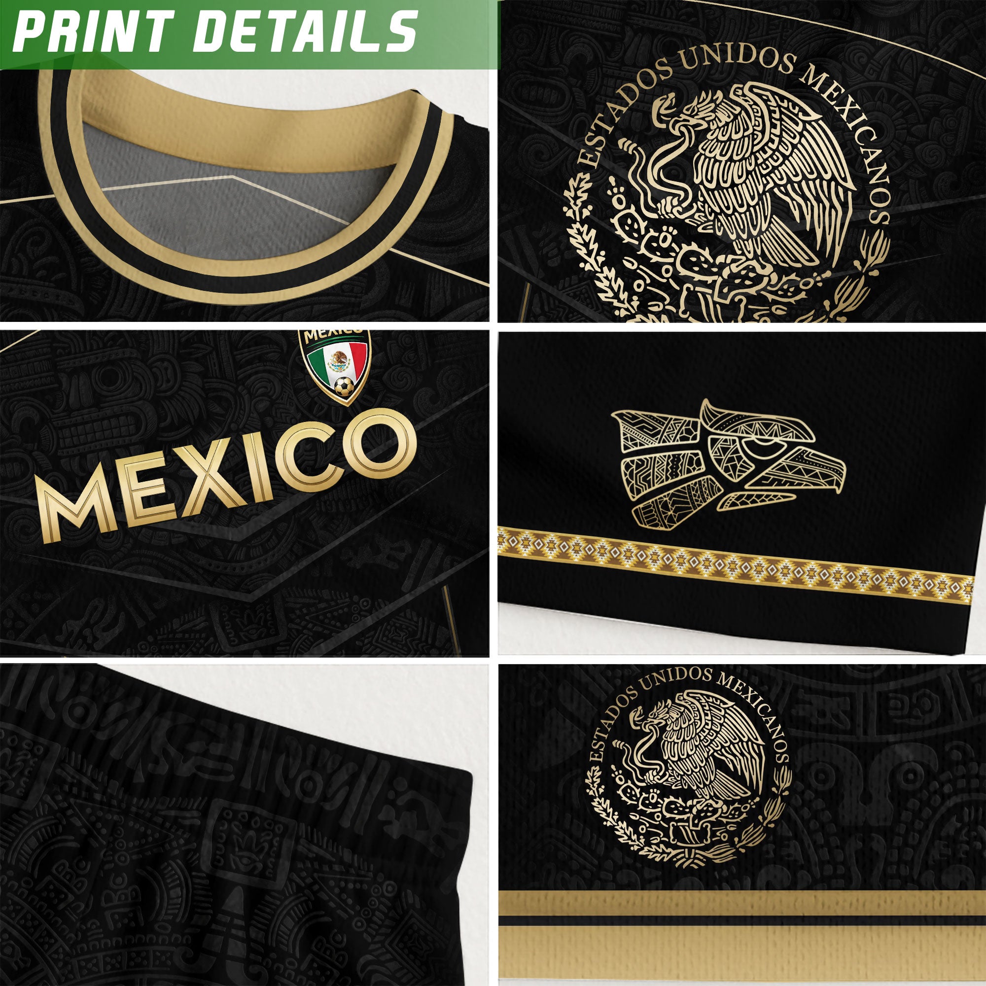 Camiseta de fútbol premium con emblema de águila azteca verde y dorado de México