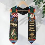 Custom Virgen de Guadalupe Class of 2026 Graduation Stole – USA & Mexico Flag Personalized Senior Sash