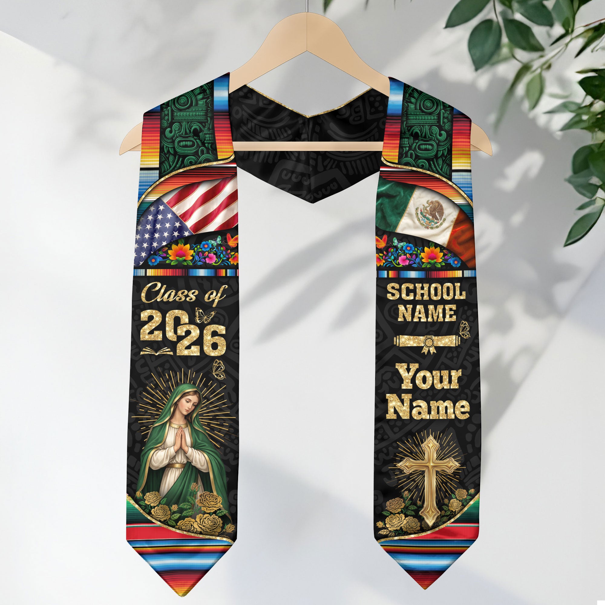 Custom Virgen de Guadalupe Class of 2026 Graduation Stole – USA & Mexico Flag Personalized Senior Sash