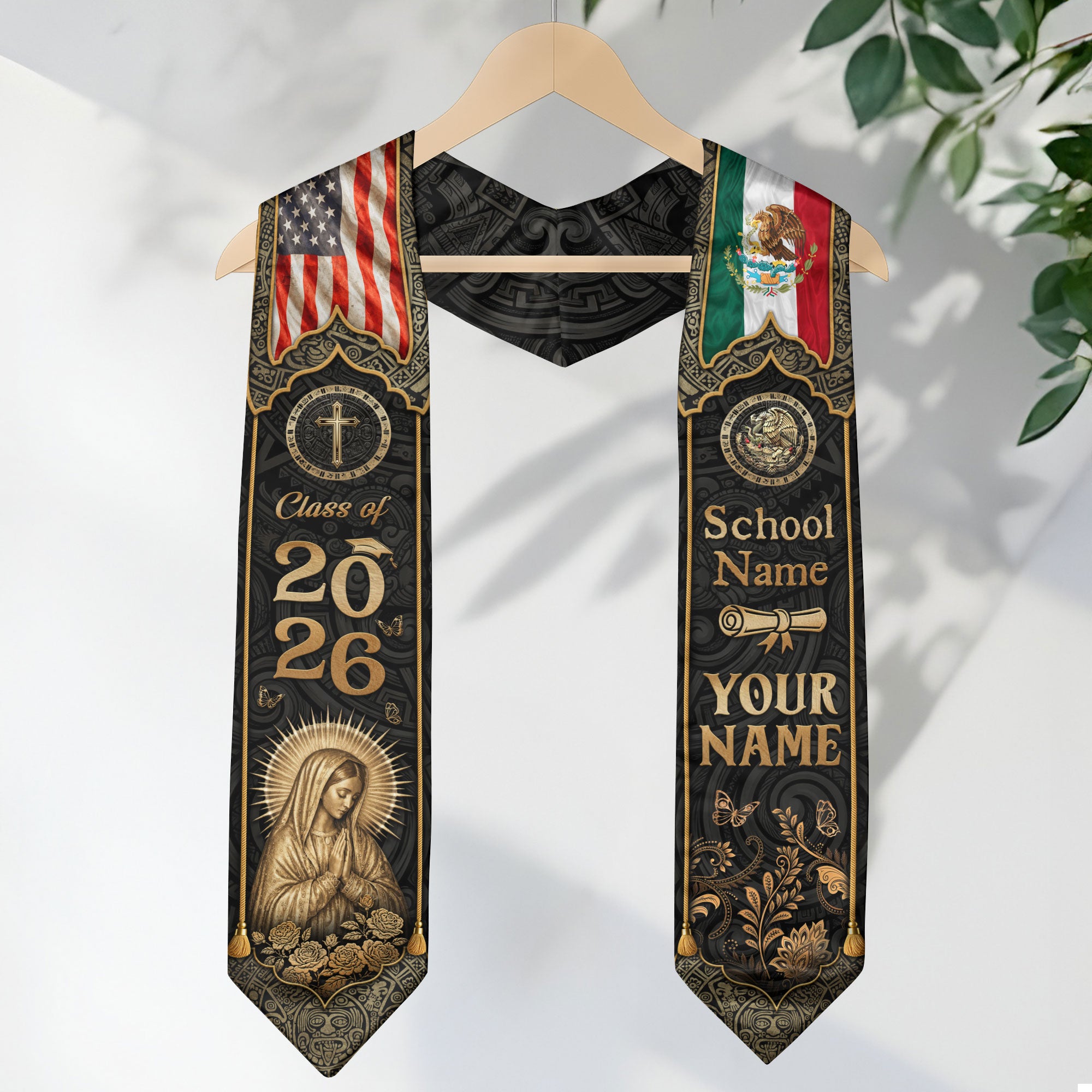 Mexico Graduation Stole Custom Name Class of 2026 USA Flag Virgin Mary Heritage Sash