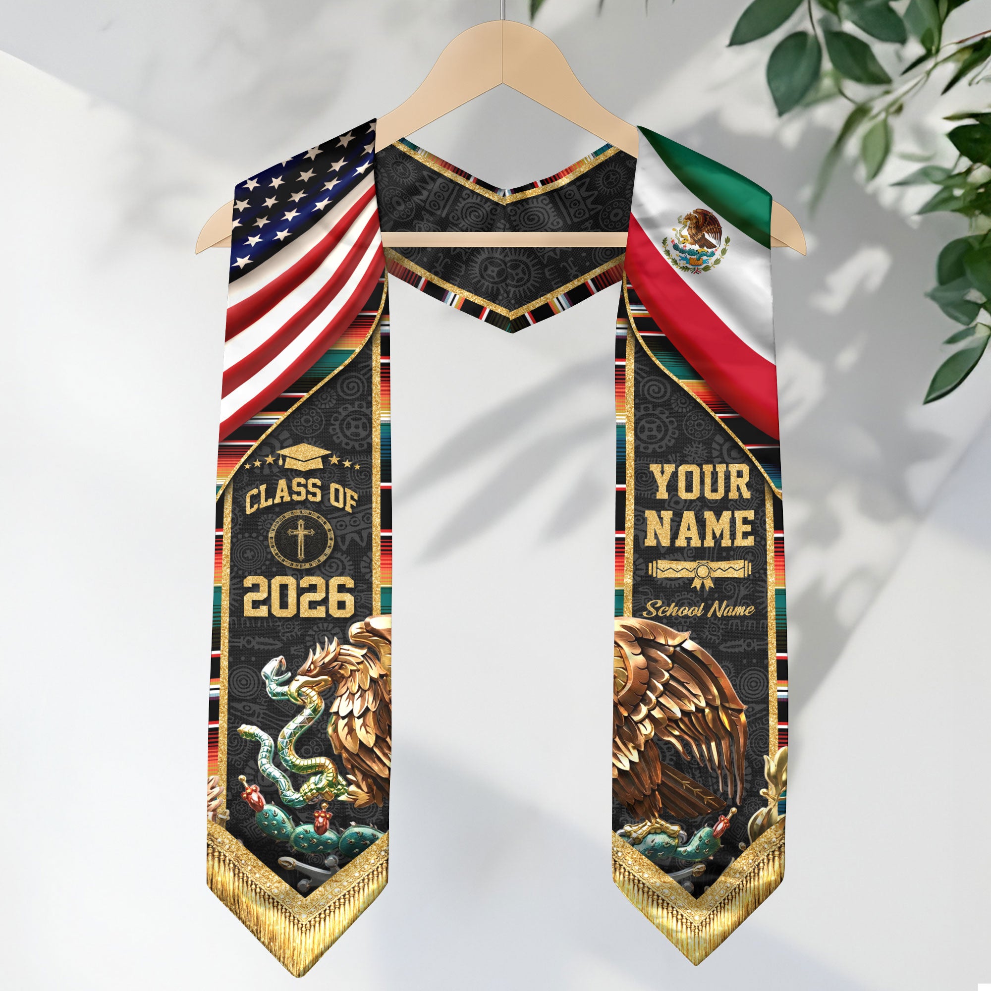Mexico Graduation Stole 2026 Custom Name School USA Mexican Flag Eagle Heritage Sash