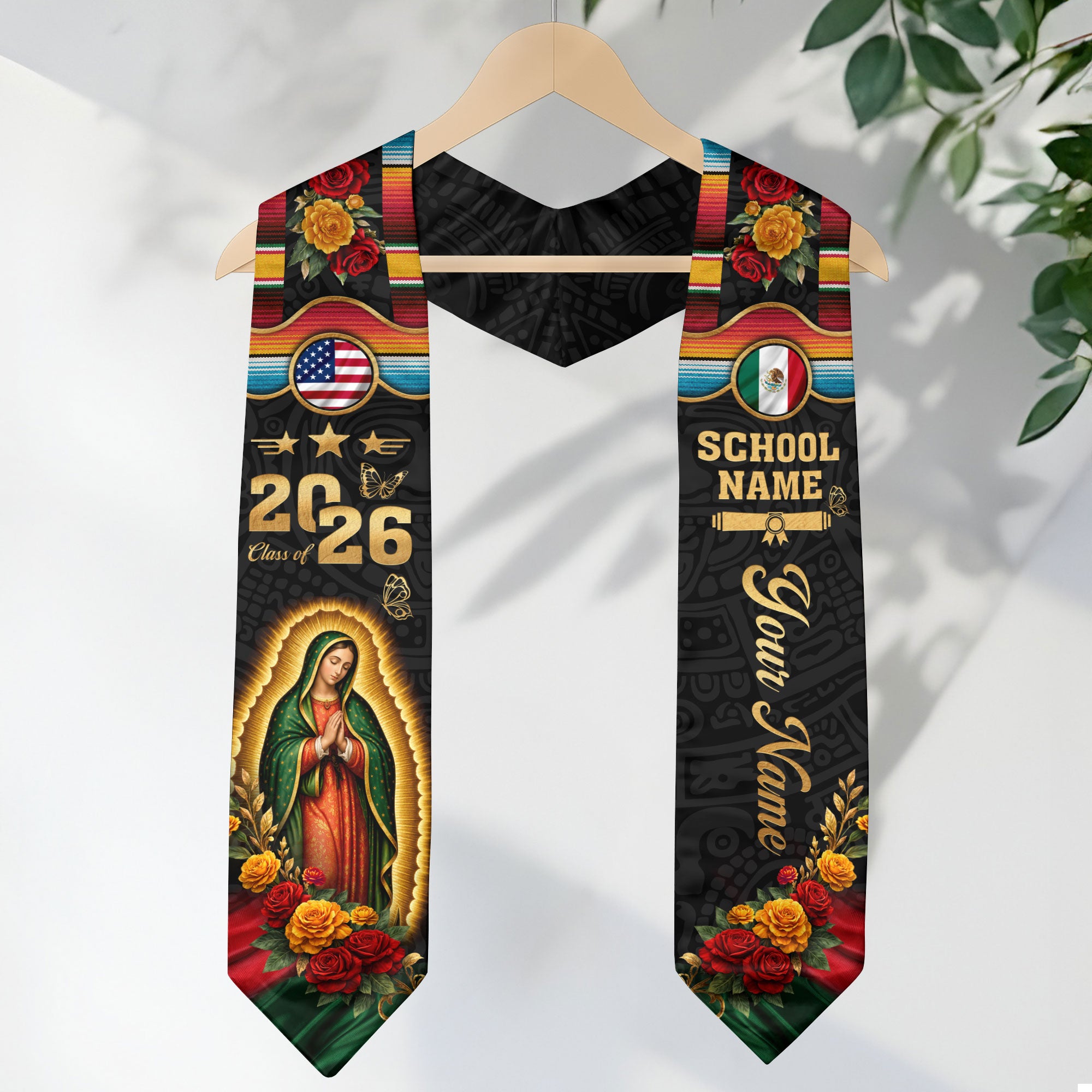 Mexican Graduation Stole 2026 – Virgin Mary, USA & Mexico Flag, Name & School Personalized Sash