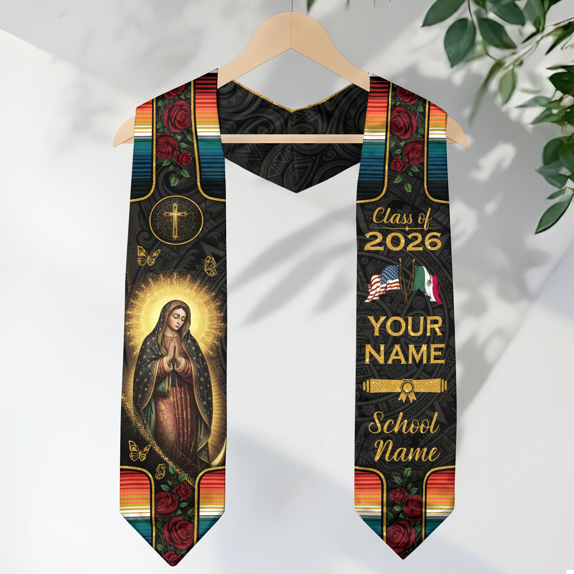Mexico Graduation Stole Custom Name Class of 2026 Virgin Mary USA Mexico Flag Sash