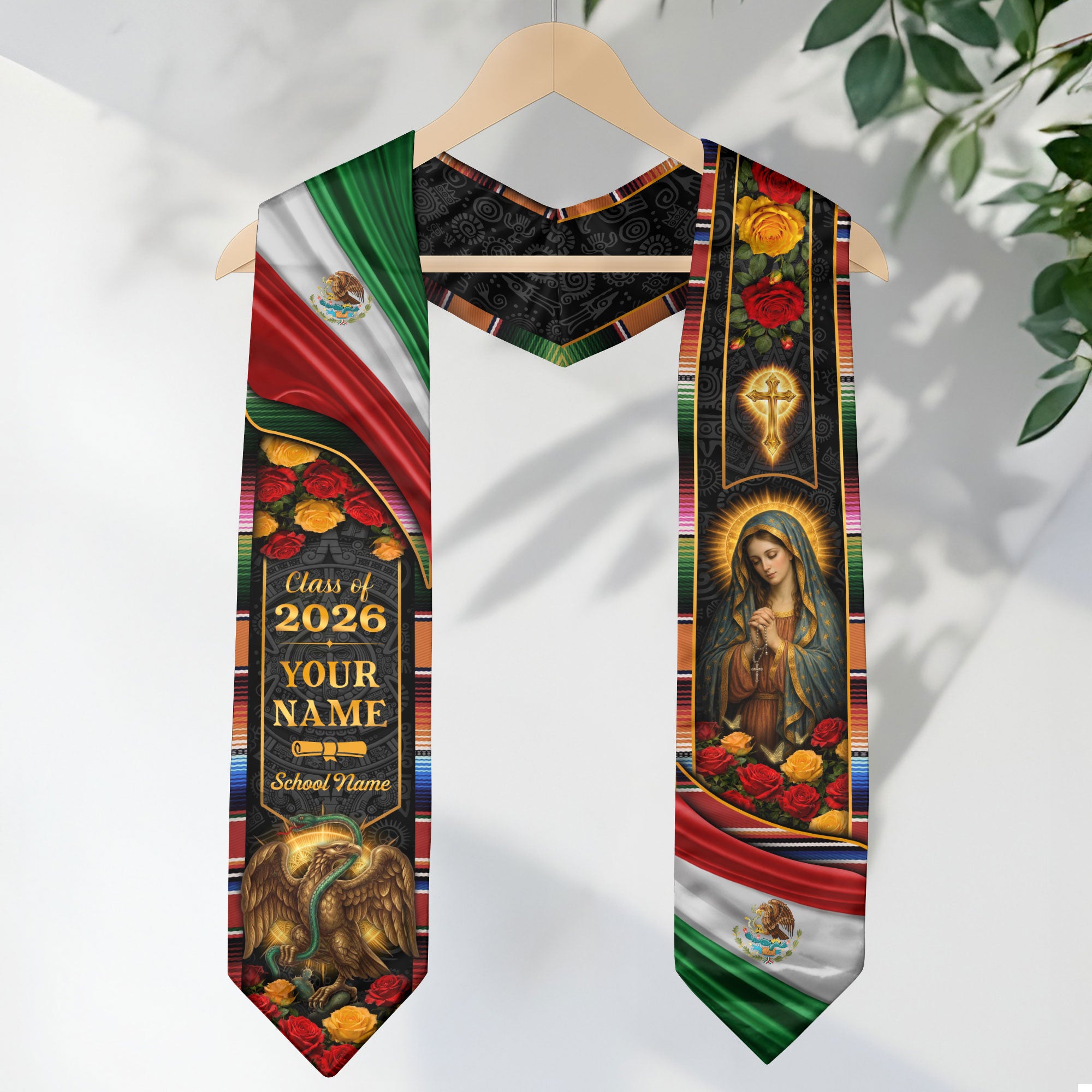 Mexico Graduation Stole 2026 Personalized Virgin Mary Eagle Rose Heritage Sash