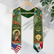 Custom Mexico USA Flag Graduation Stole 2026 Virgin Mary Heritage Sash