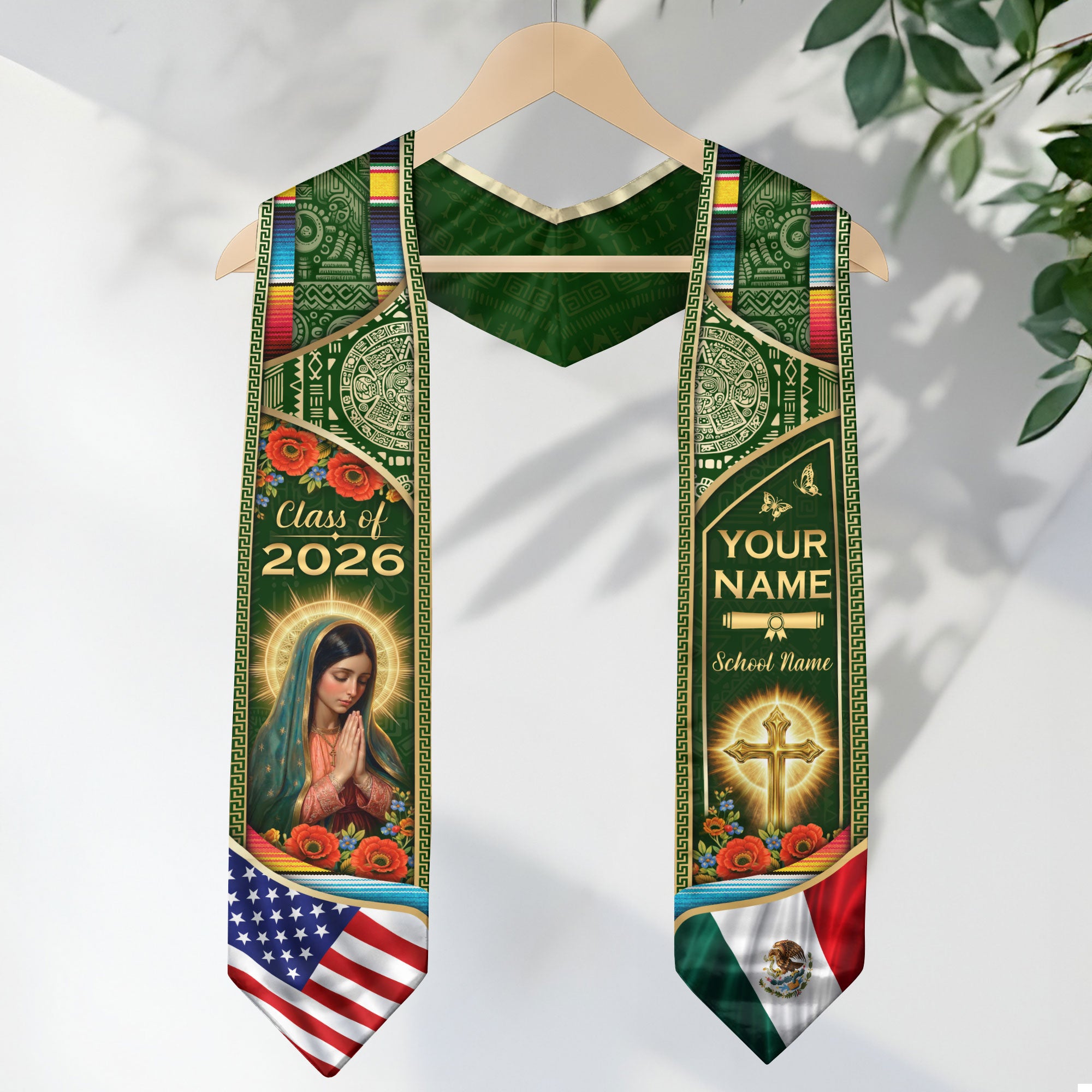 Custom Mexico USA Flag Graduation Stole 2026 Virgin Mary Heritage Sash