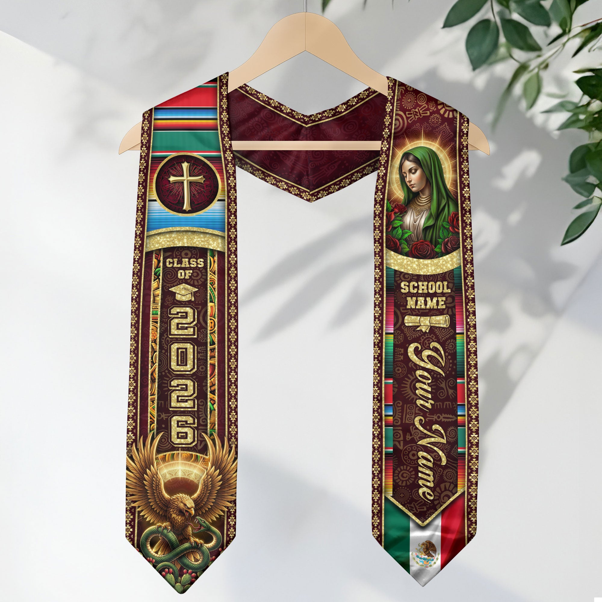 Custom Mexican Graduation Stole 2026 Virgin Mary Eagle Cross Name School Sash