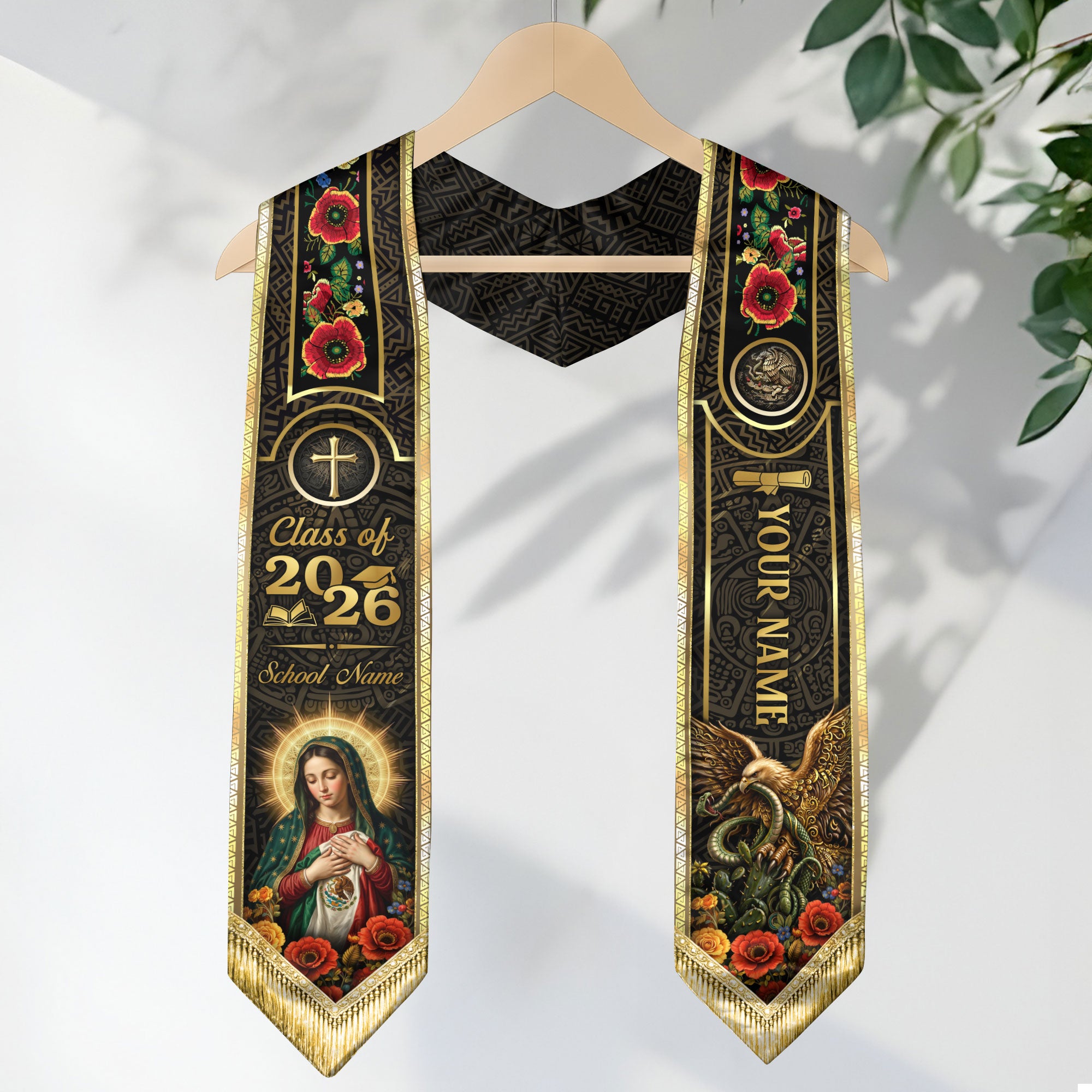 Custom Mexican Graduation Stole 2026 Catholic Virgin Mary Gold Luxury Name School Sash