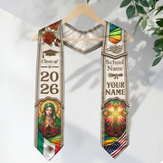 Mexican Graduation Stole 2026 Custom Name School Virgin Mary Cross Gold White Sash
