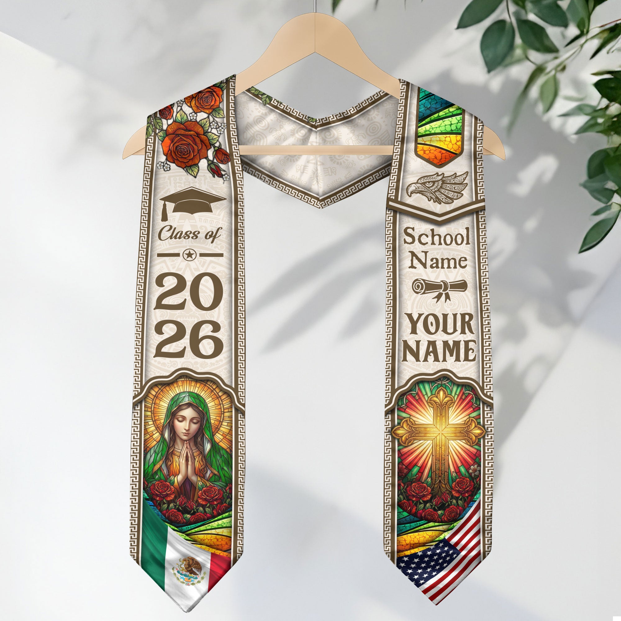 Mexican Graduation Stole 2026 Custom Name School Virgin Mary Cross Gold White Sash