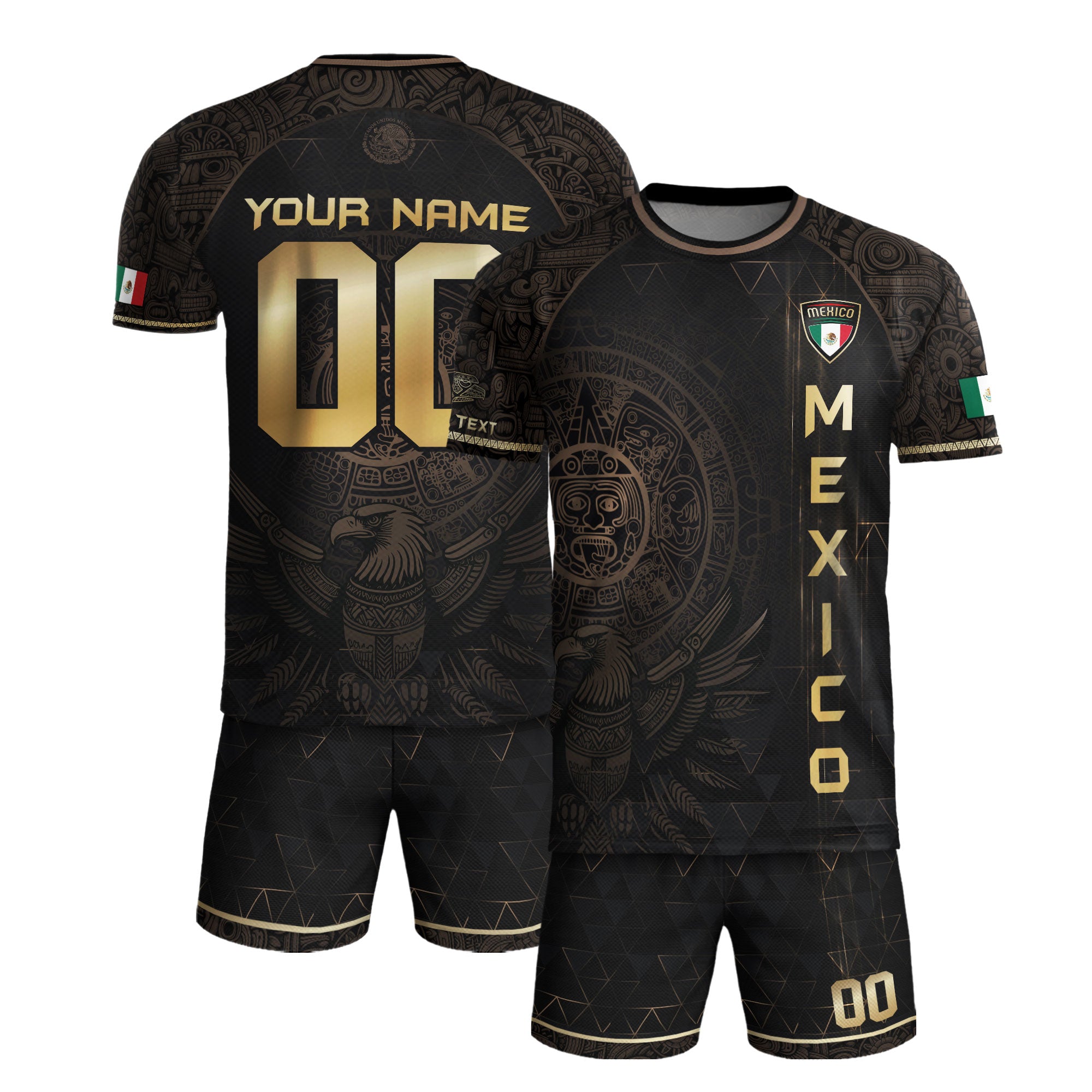Custom Mexico Soccer Jersey Black Gold Aztec Heritage Design