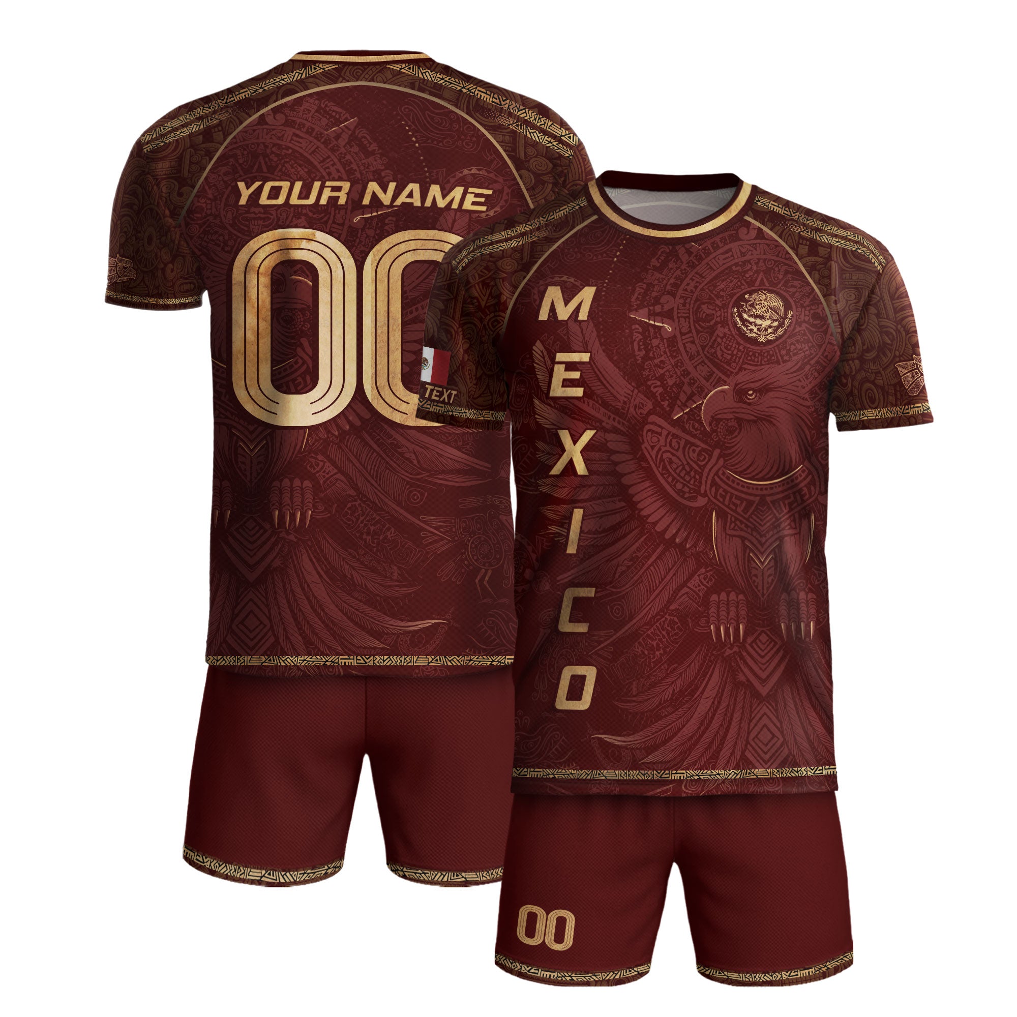 Custom Mexico Soccer Jersey Burgundy Gold Aztec Heritage Design