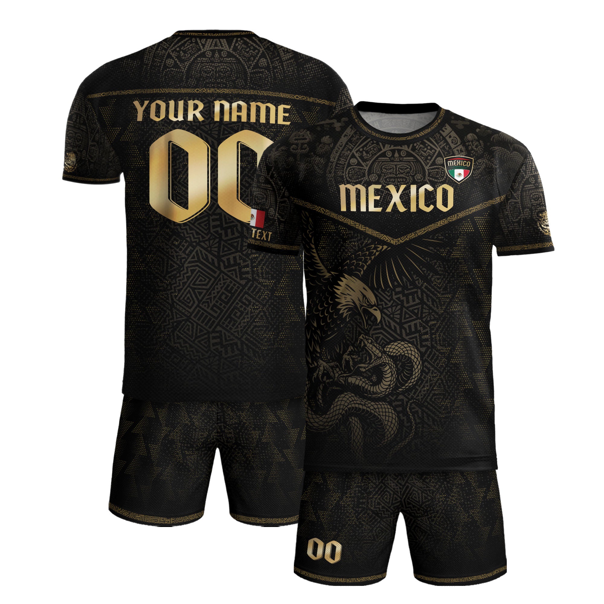 Custom Mexico Soccer Jersey Black Gold Aztec Eagle Serpent Design