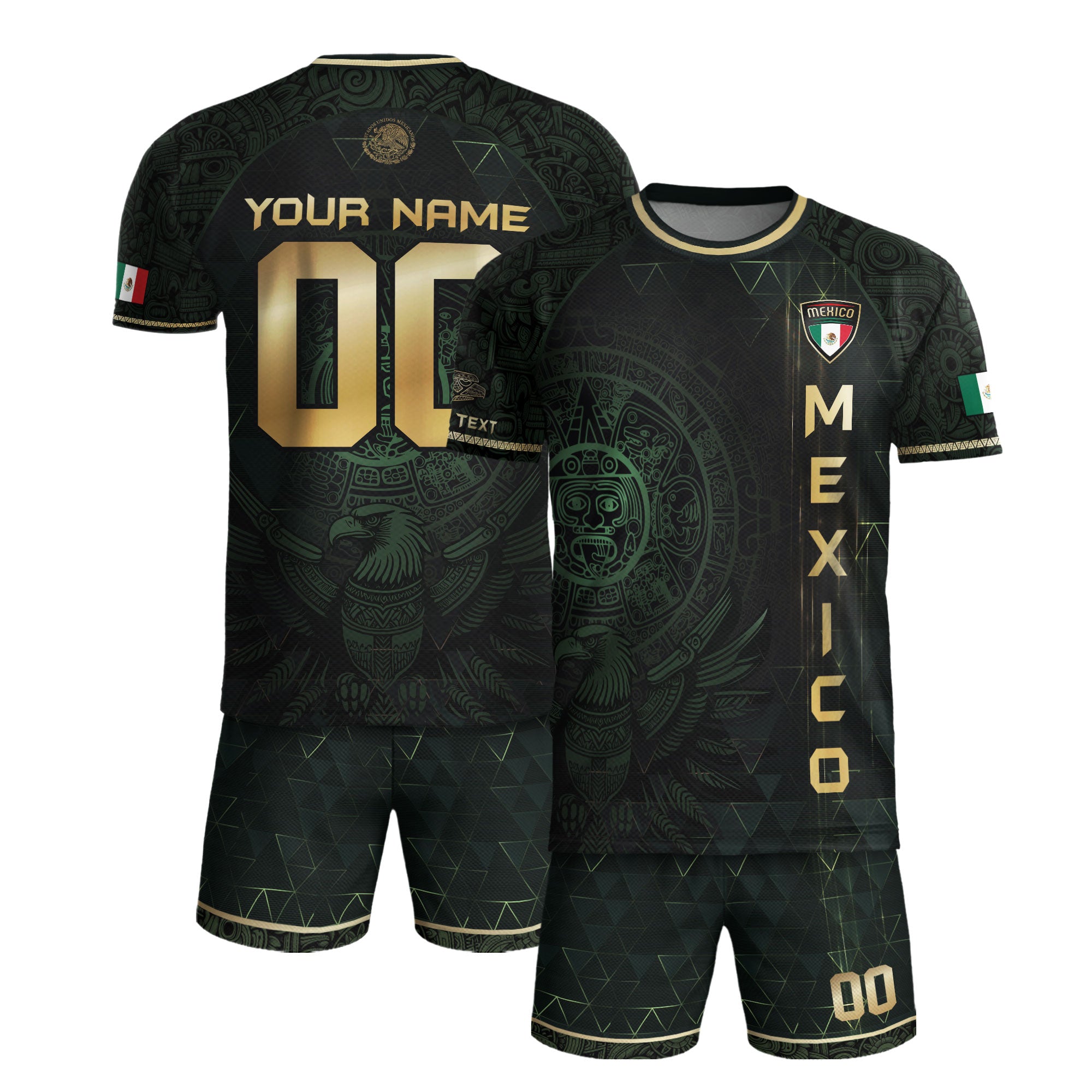 Custom Mexico Soccer Jersey Black Gold Heritage Aztec Calendar Design