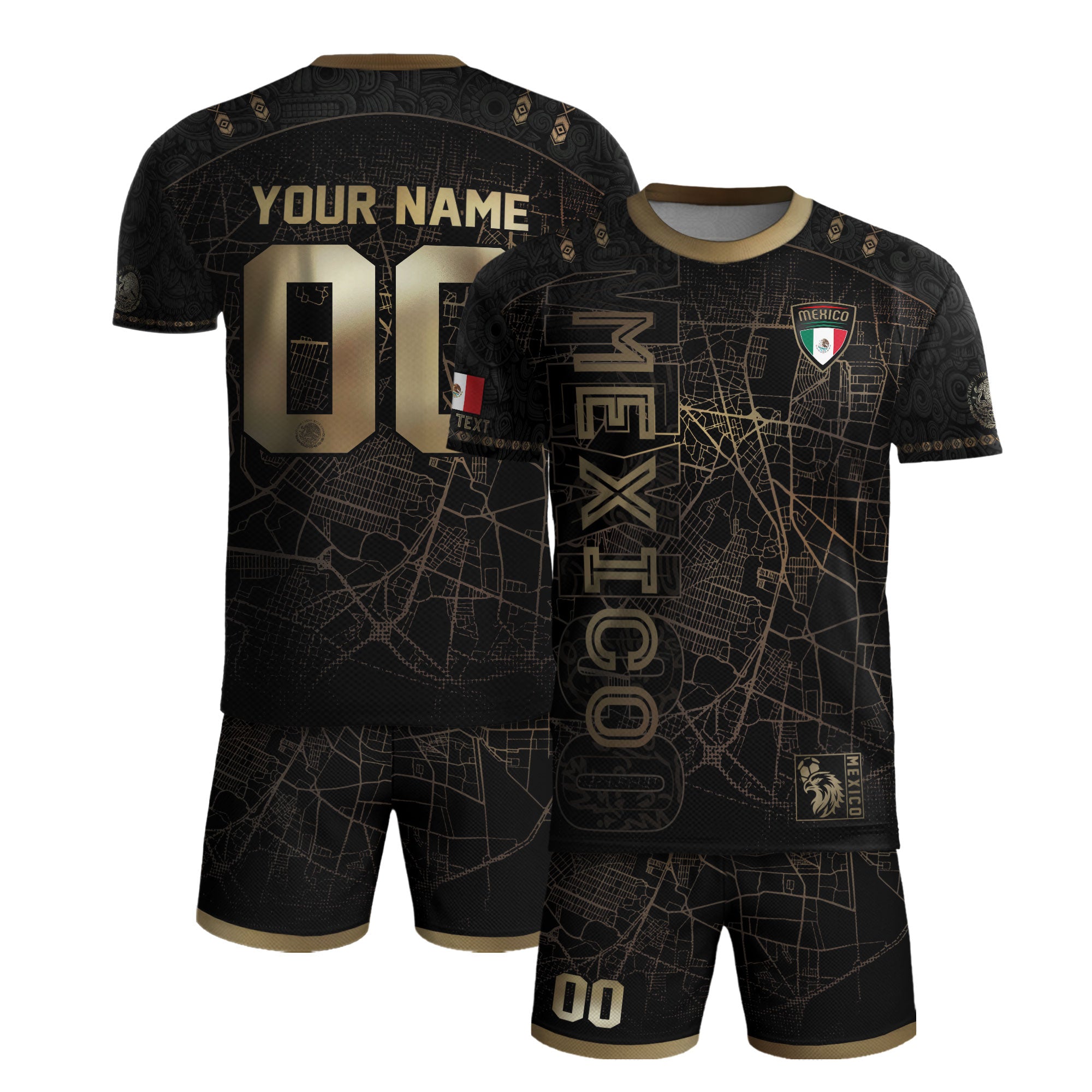 Custom Mexico Soccer Jersey Black Gold Heritage Map Aztec Design