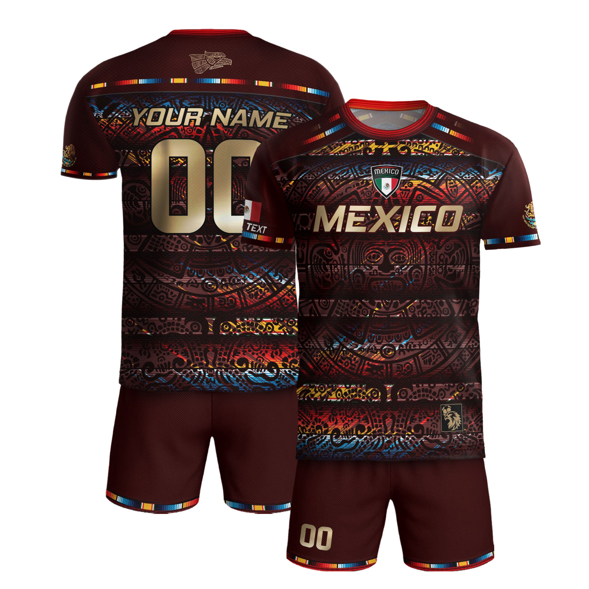 Custom Mexico Soccer Jersey Burgundy Gold Heritage Aztec Calendar Design